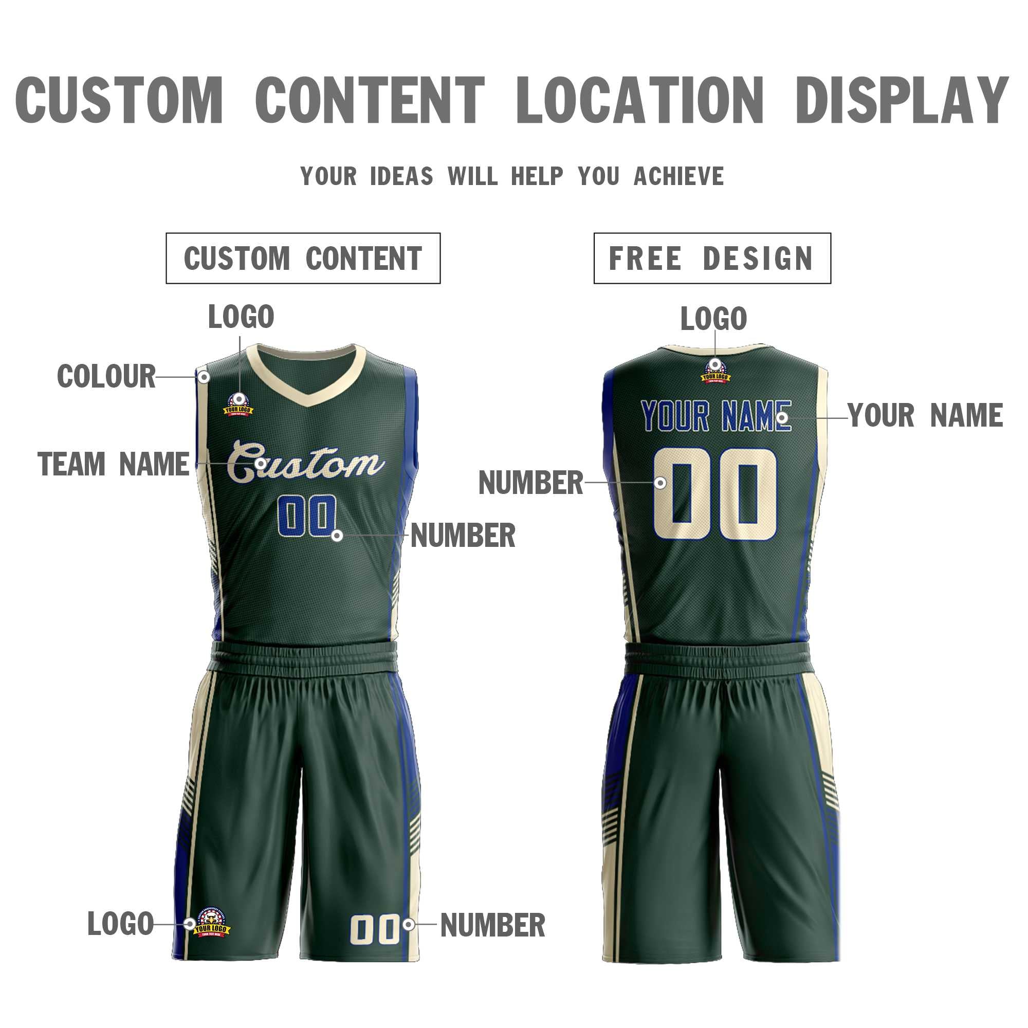 Custom Hunter Green Cream-Royal Classic Sets Sports Uniform Basketball Jersey