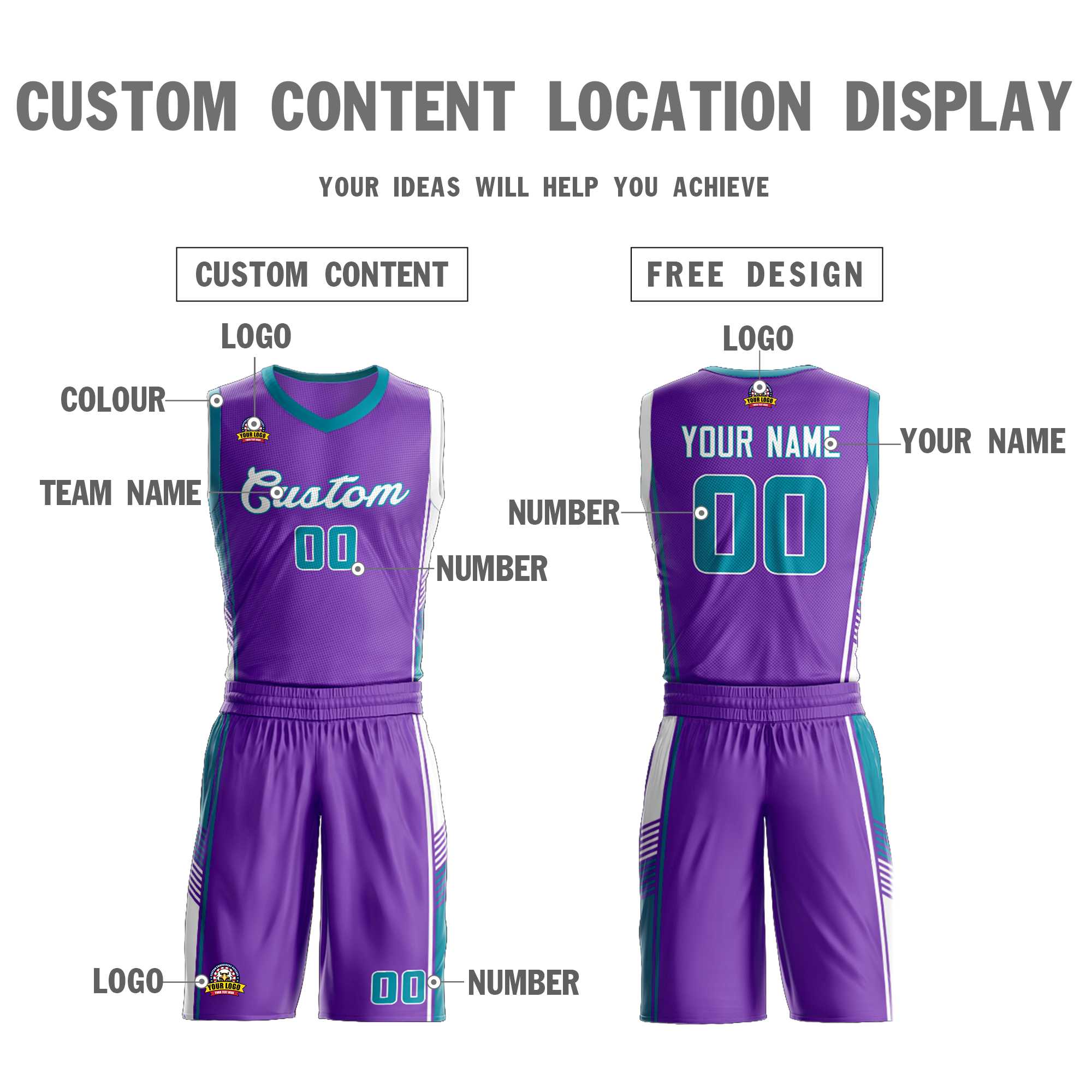 Custom Purple Teal-White Classic Sets Sports Uniform Basketball Jersey