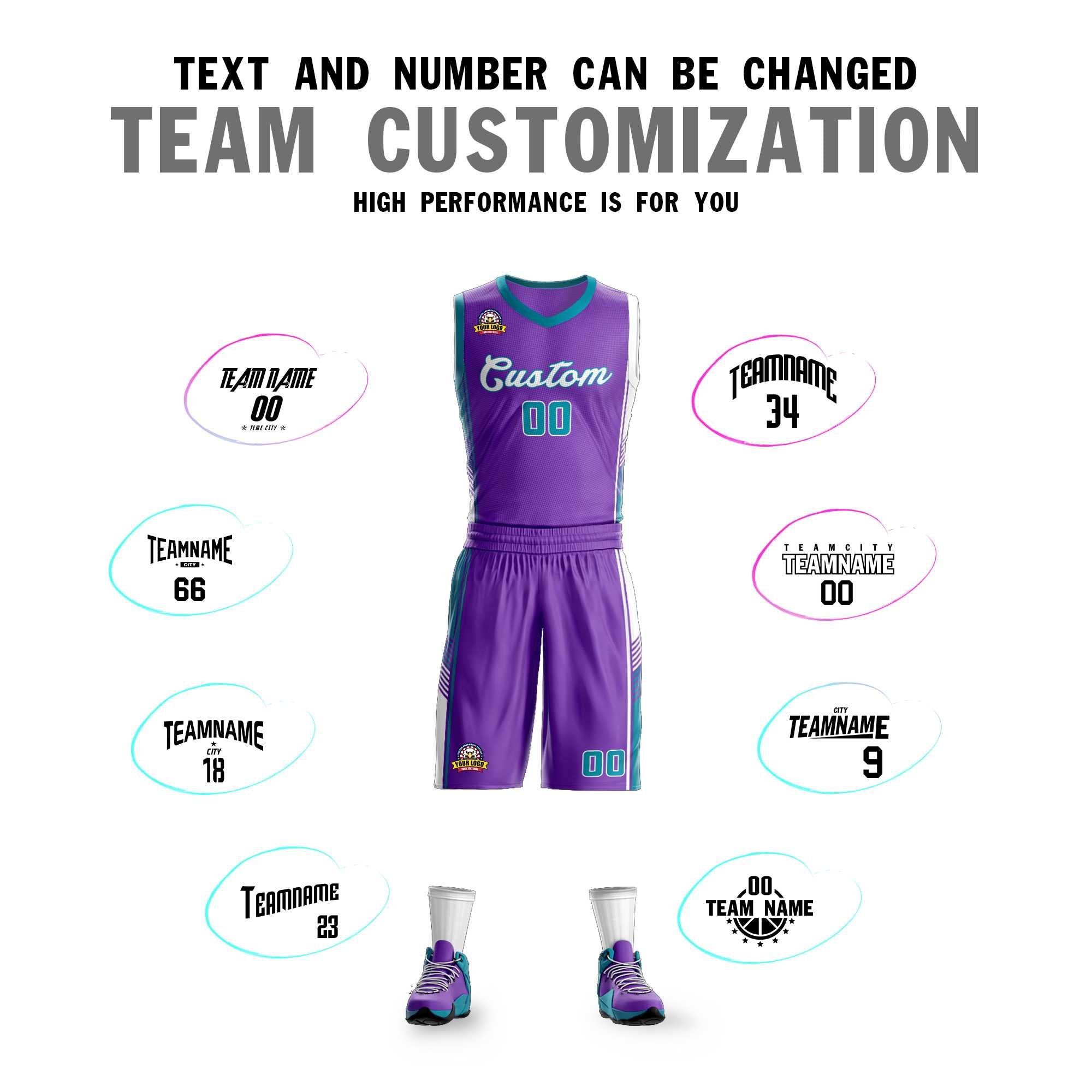 Custom Purple Teal-White Classic Sets Sports Uniform Basketball Jersey