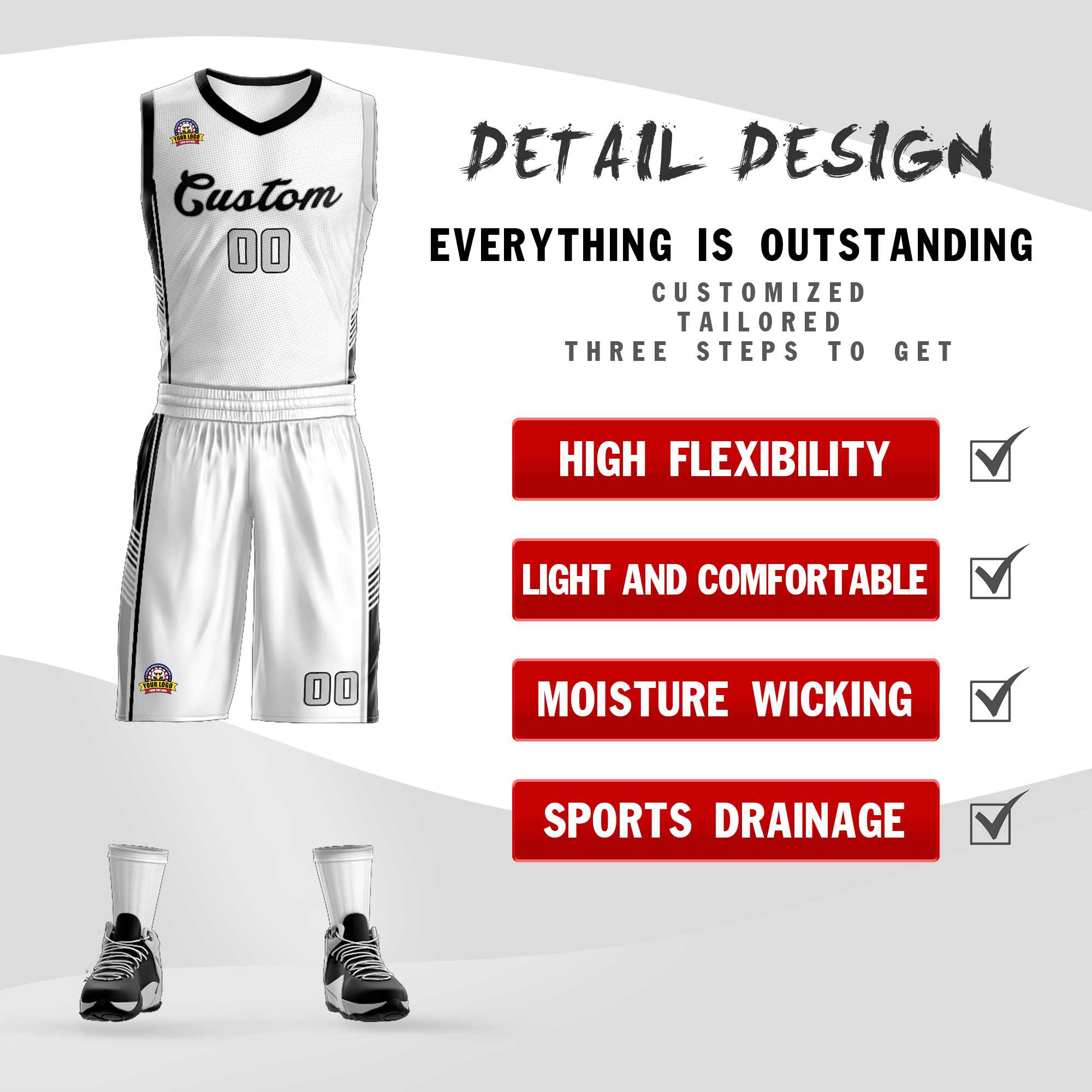 Custom White Black-Light Gray Classic Sets Sports Uniform Basketball Jersey