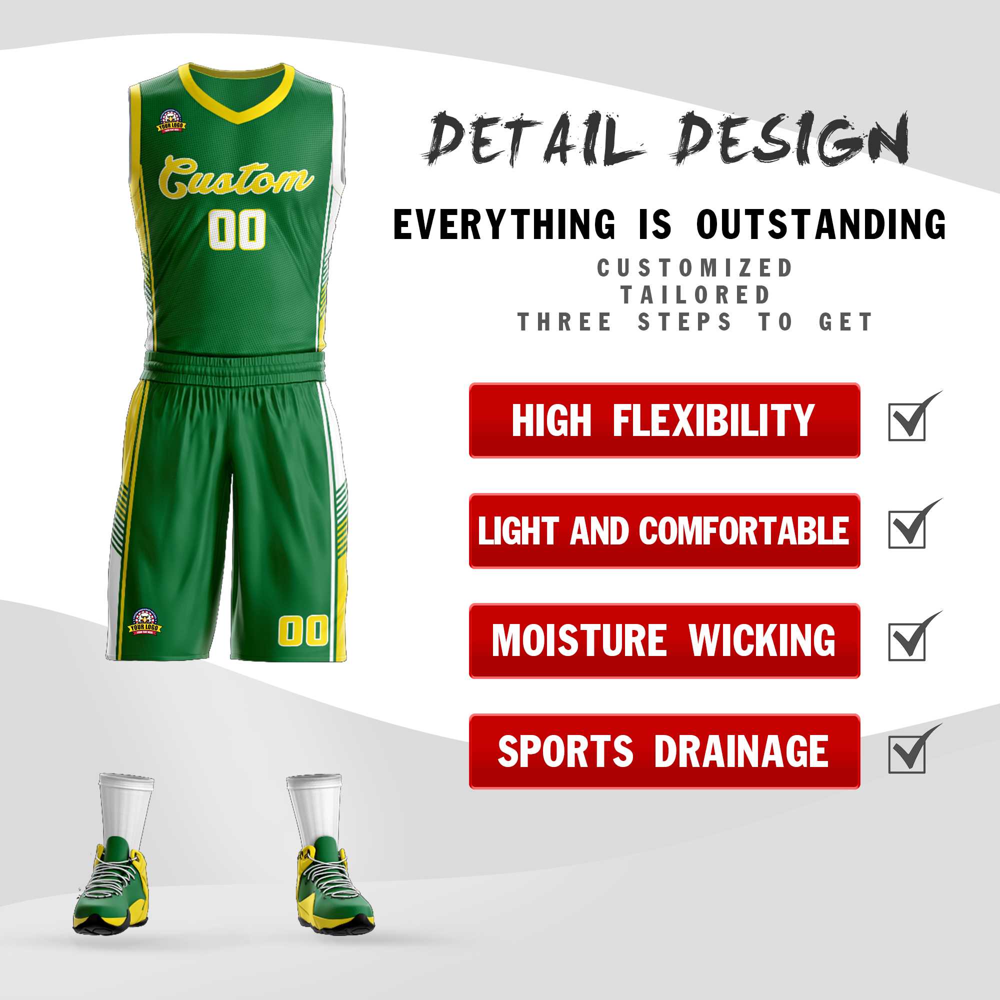 Custom Kelly Green Gold-White Classic Sets Sports Uniform Basketball Jersey