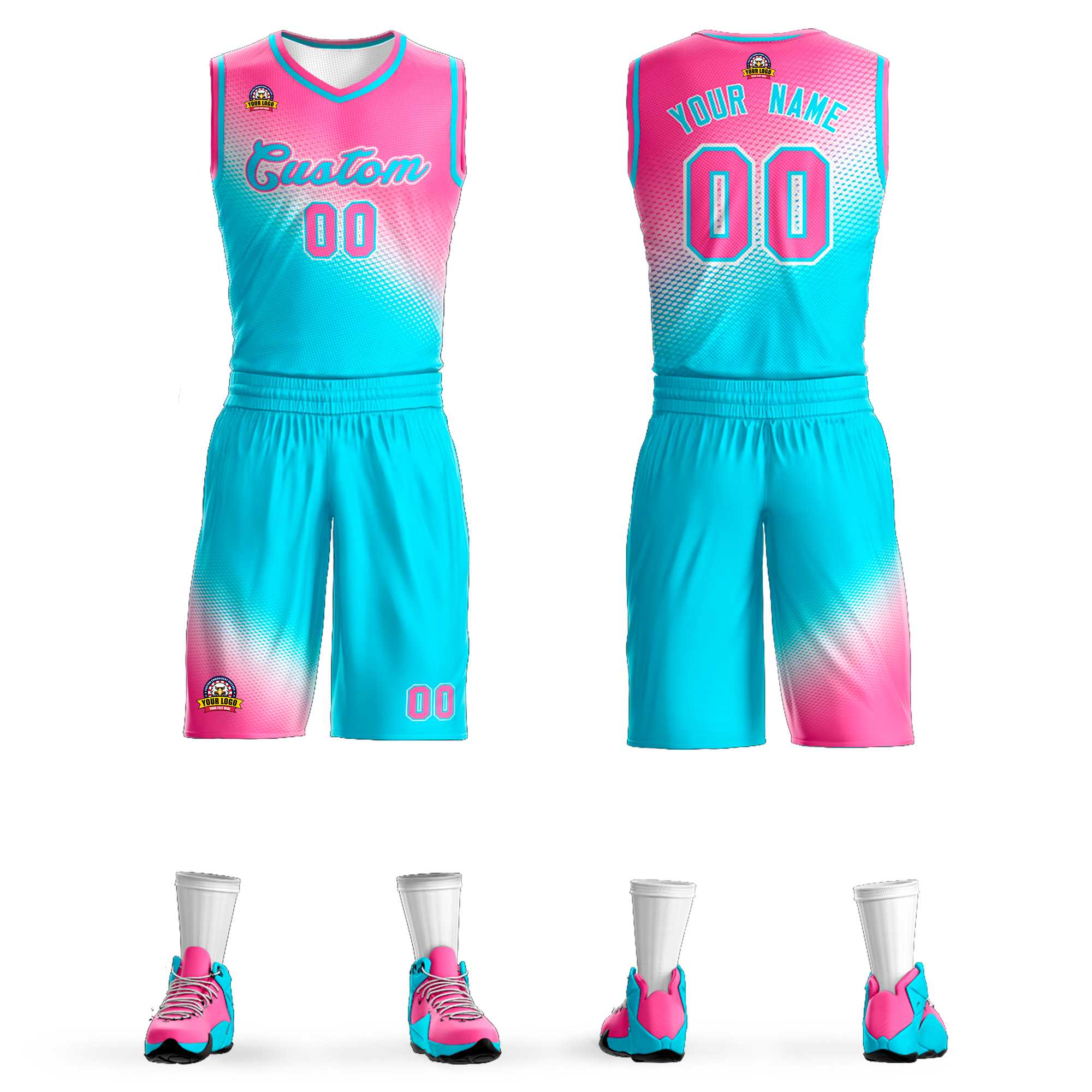 Maillot de basket-ball uniforme de sport de mode dégradé bleu ciel rose personnalisé