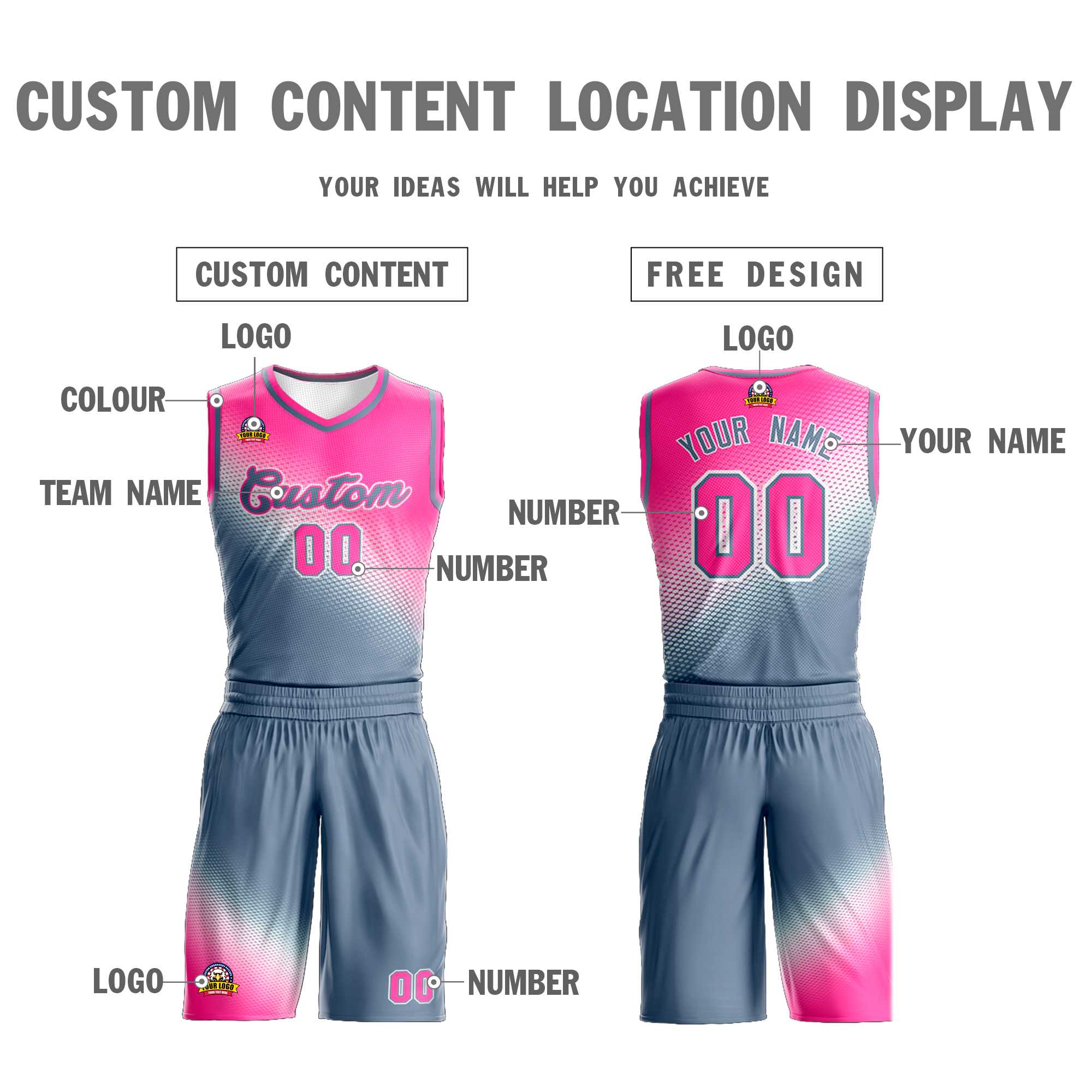 Custom Pink Dark Gray Gradient Fashion Sports Uniform Basketball Jersey