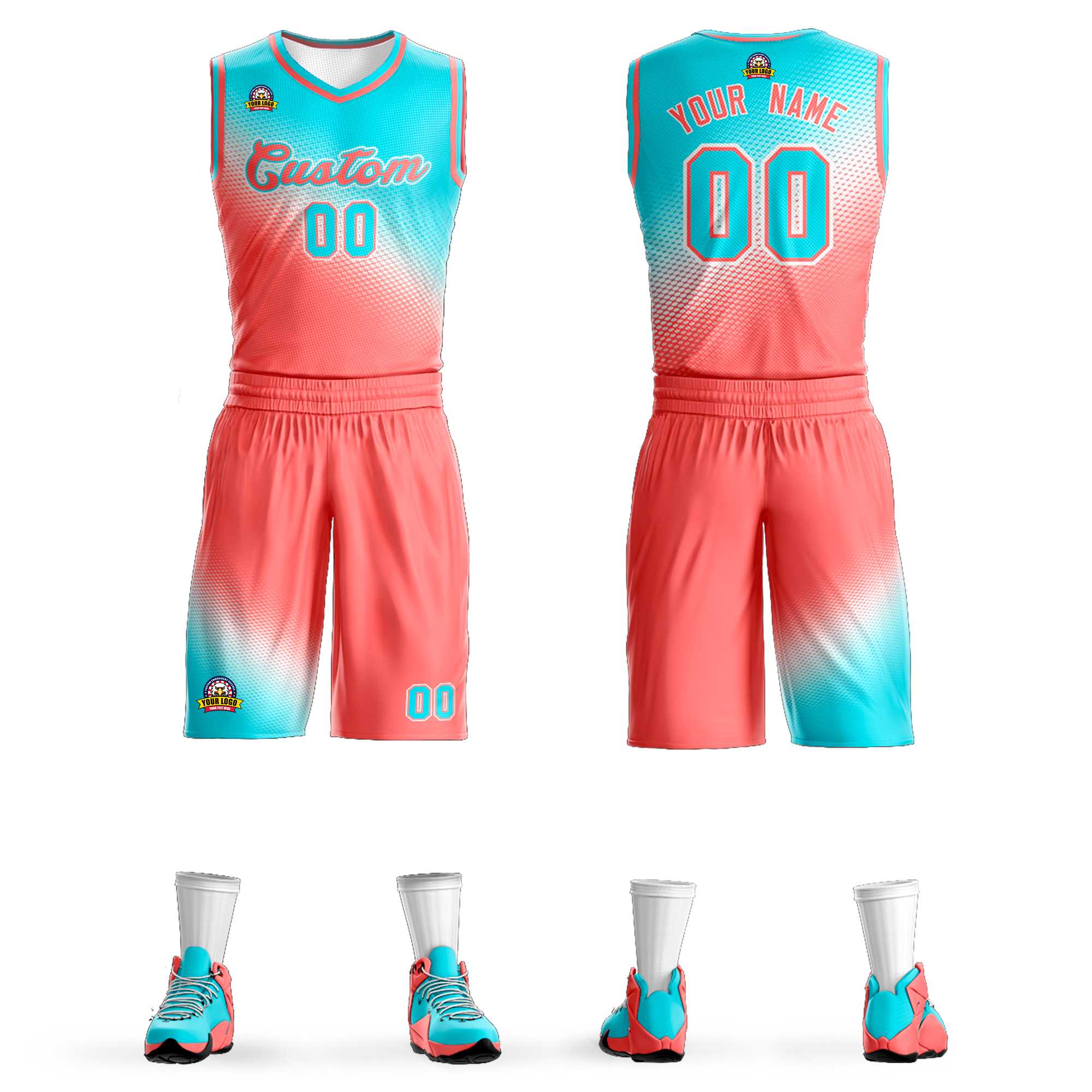 Custom Sky Blue Light Red Gradient Fashion Sports Uniform Basketball Jersey