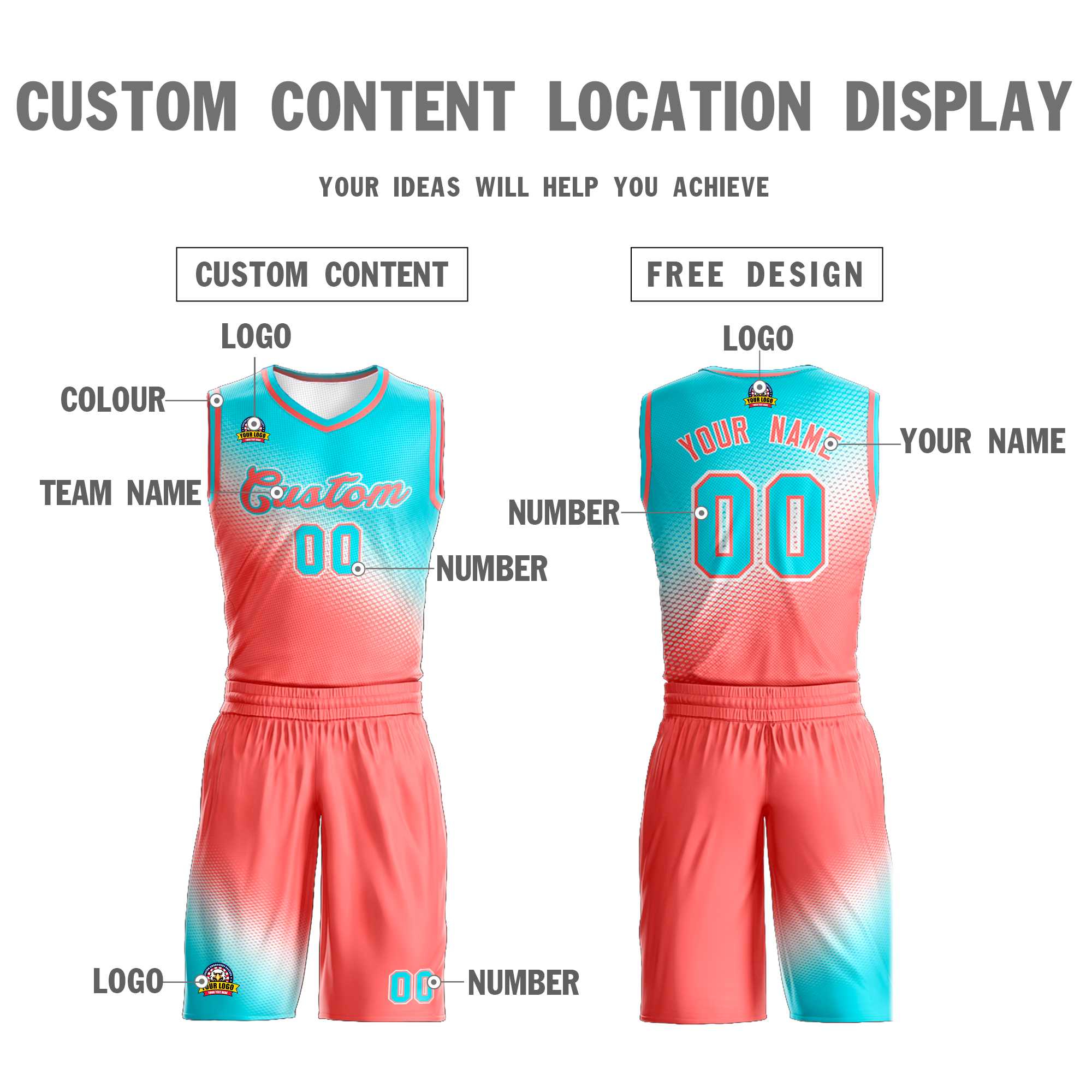 Custom Sky Blue Light Red Gradient Fashion Sports Uniform Basketball Jersey