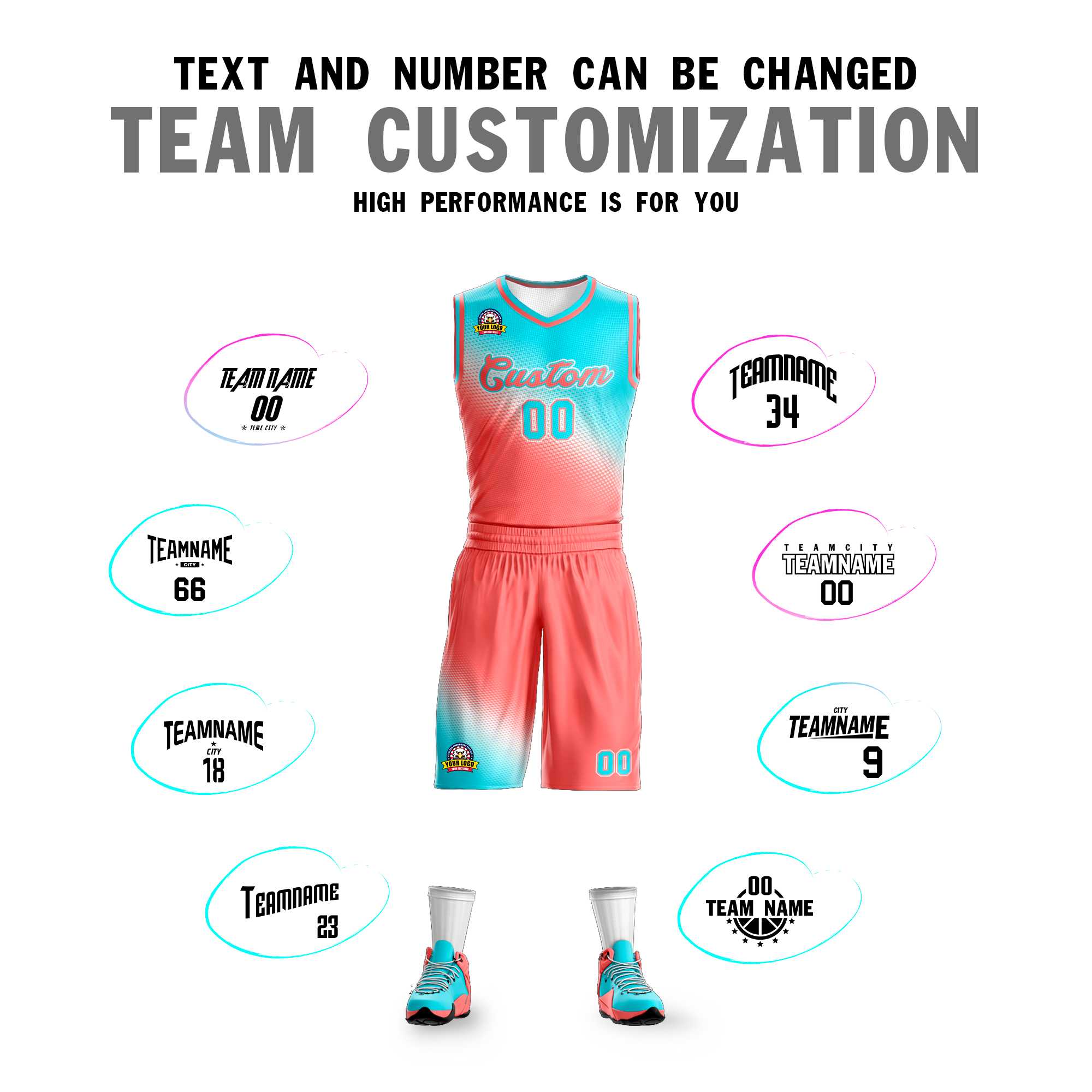 Custom Sky Blue Light Red Gradient Fashion Sports Uniform Basketball Jersey