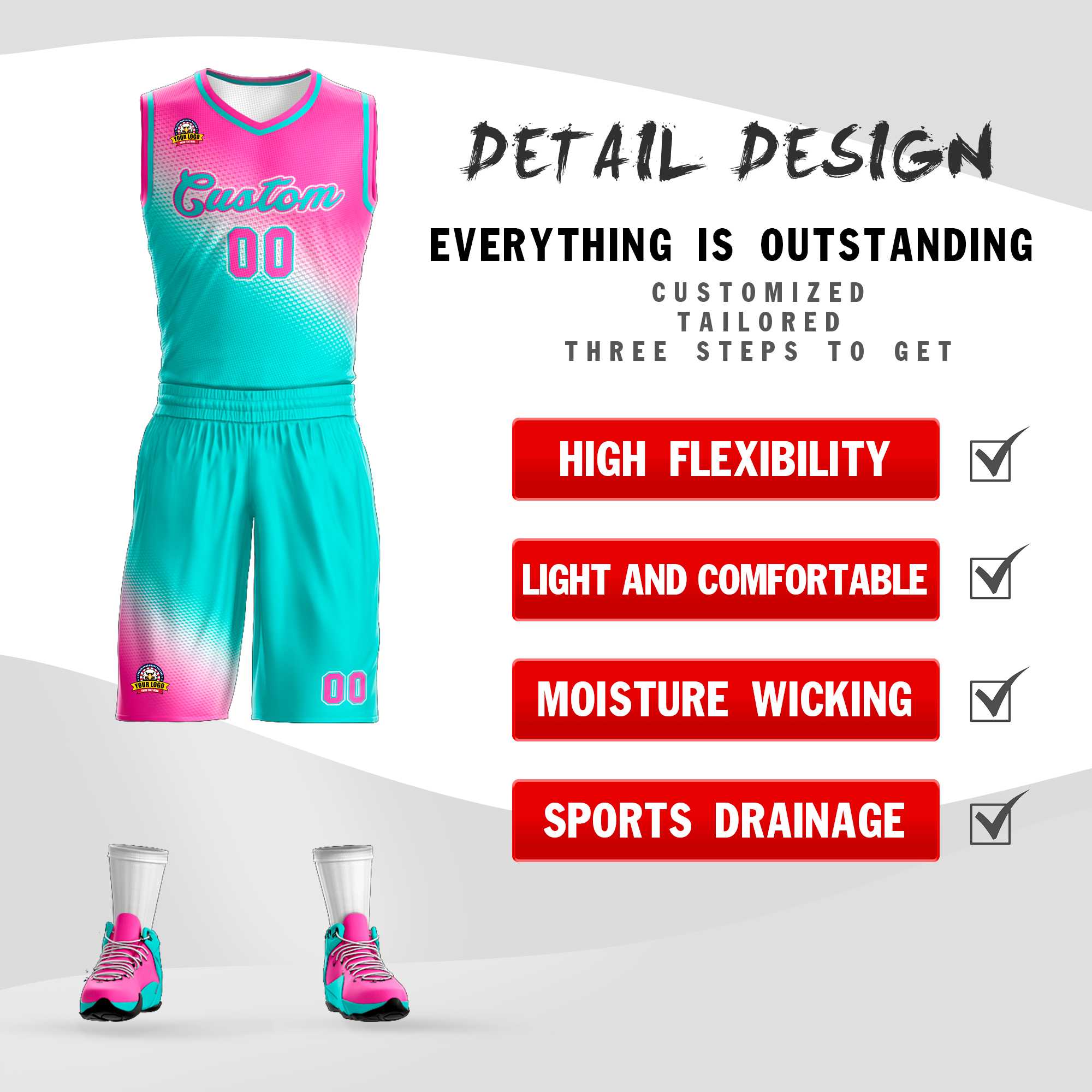 Custom Rose Red Aqua Gradient Fashion Sports Uniform Basketball Jersey