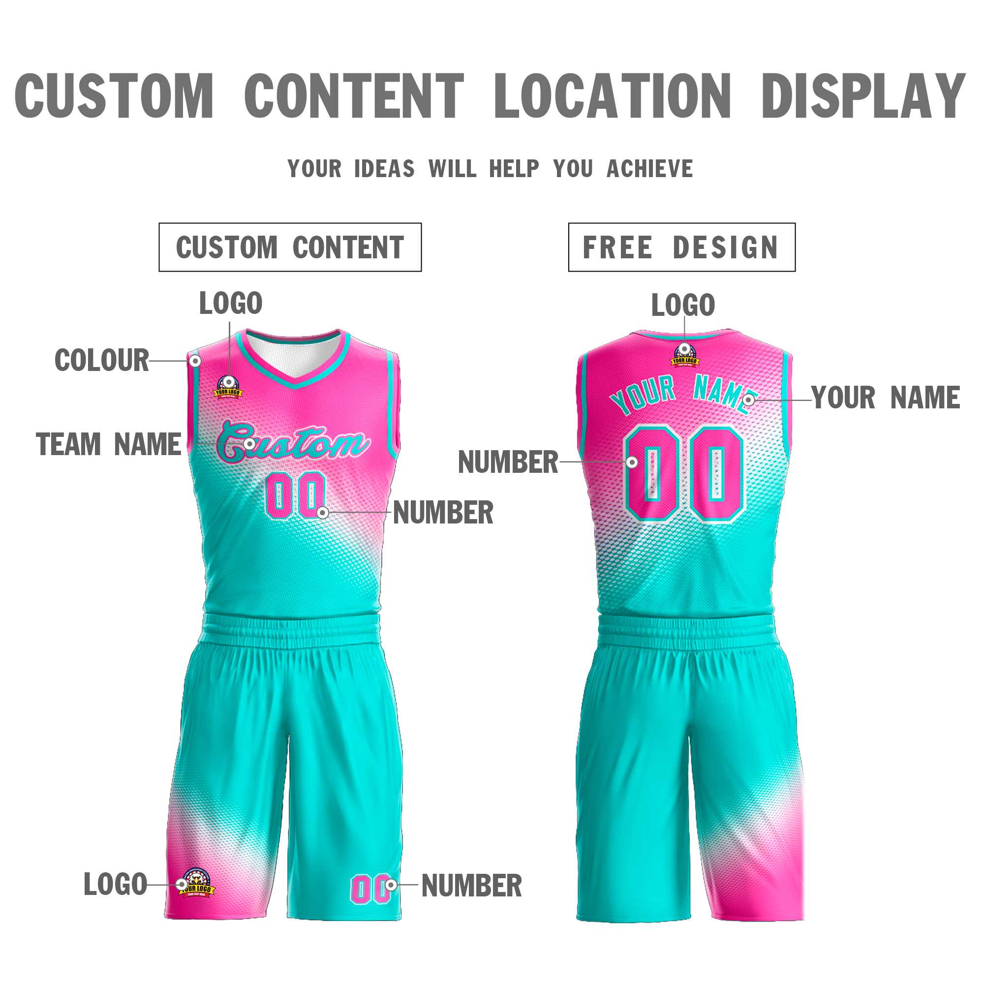 Custom Rose Red Aqua Gradient Fashion Sports Uniform Basketball Jersey