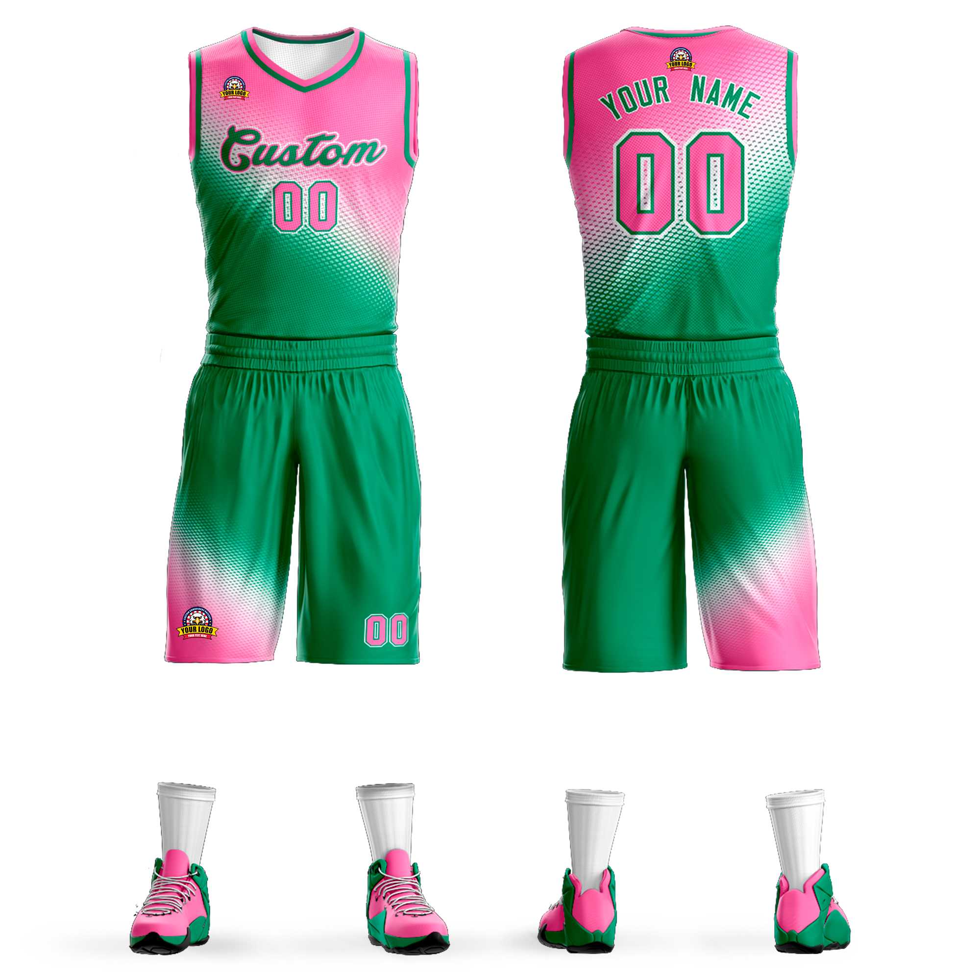 Maillot de basket-ball uniforme de sport de mode dégradé vert Kelly rose personnalisé