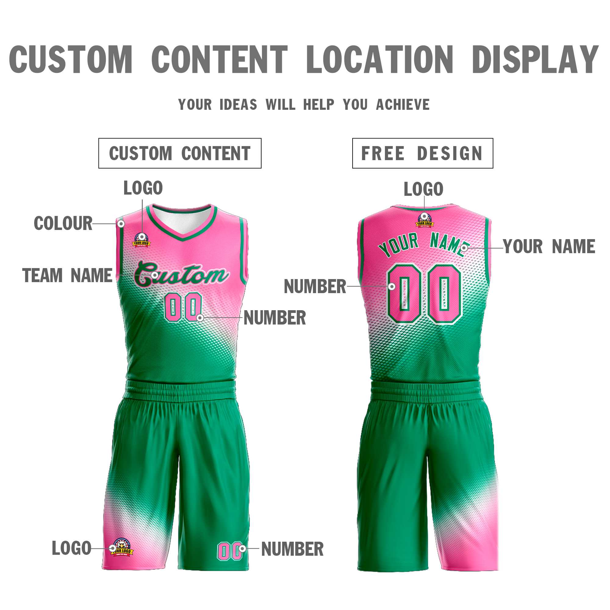 Maillot de basket-ball uniforme de sport de mode dégradé vert Kelly rose personnalisé