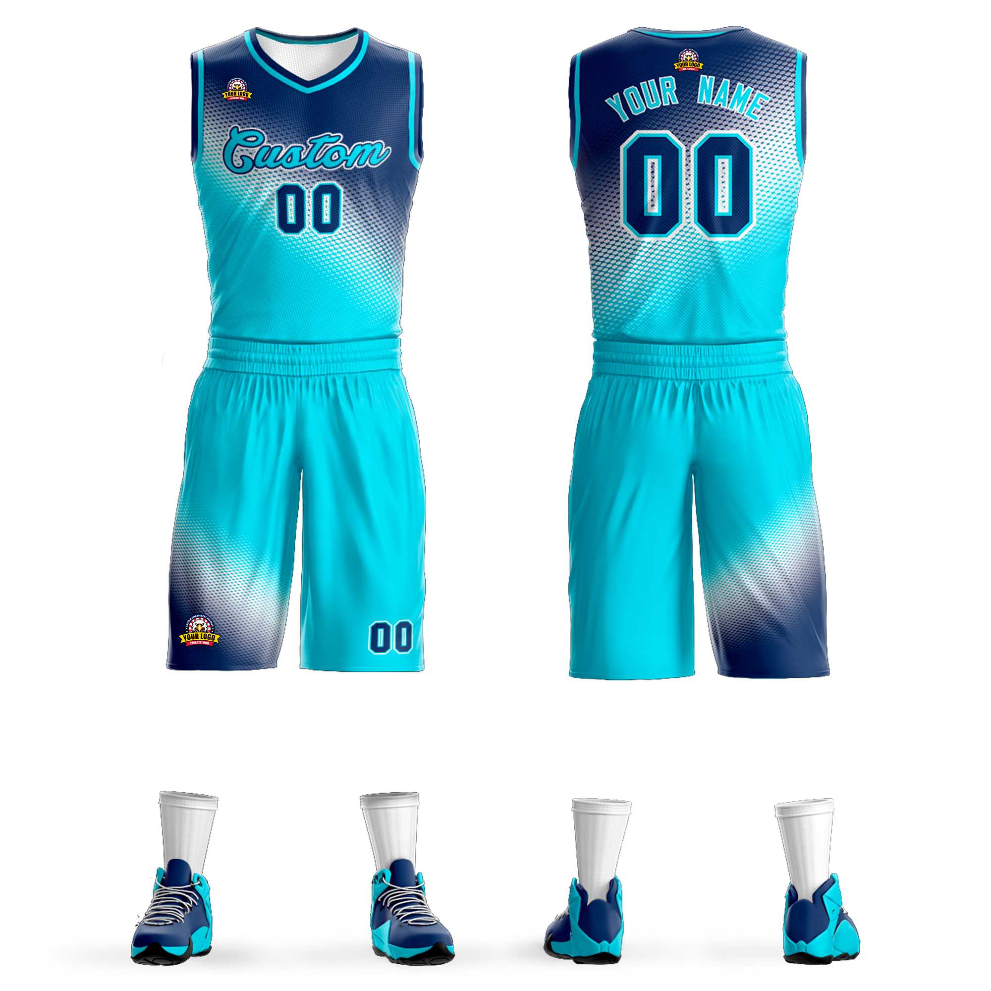 Custom Navy Sky Blue Gradient Fashion Sports Uniform Basketball Jersey