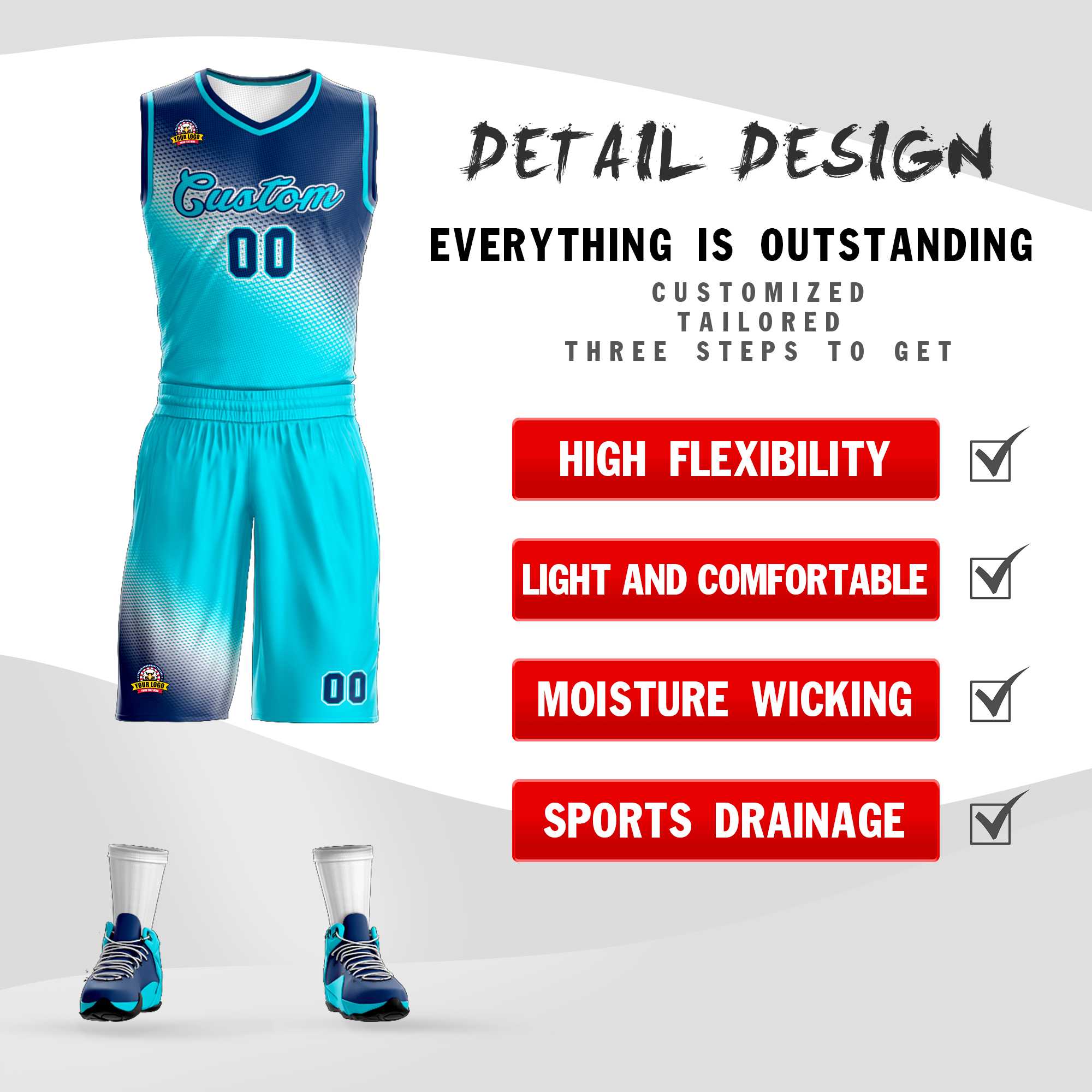 Custom Navy Sky Blue Gradient Fashion Sports Uniform Basketball Jersey