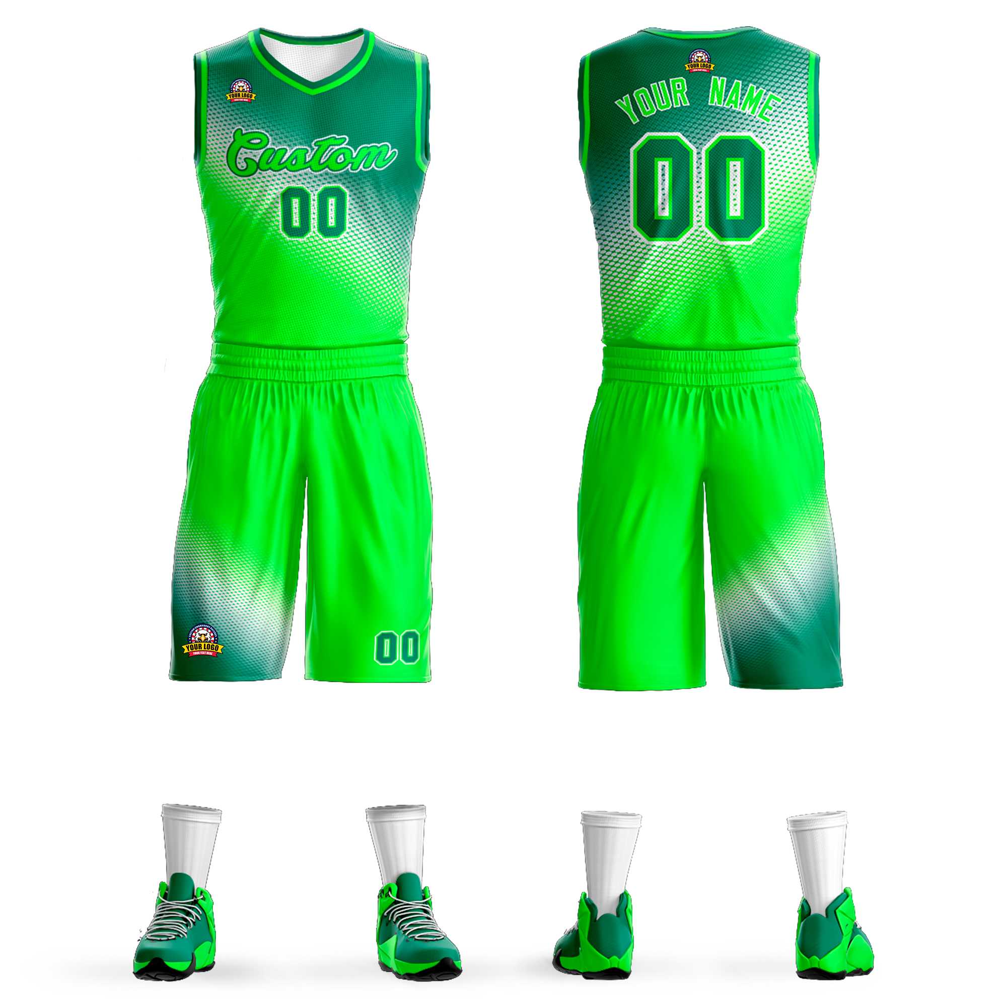 Maillot de basket-ball personnalisé, uniforme de sport, dégradé vert néon vert Kelly, à la mode