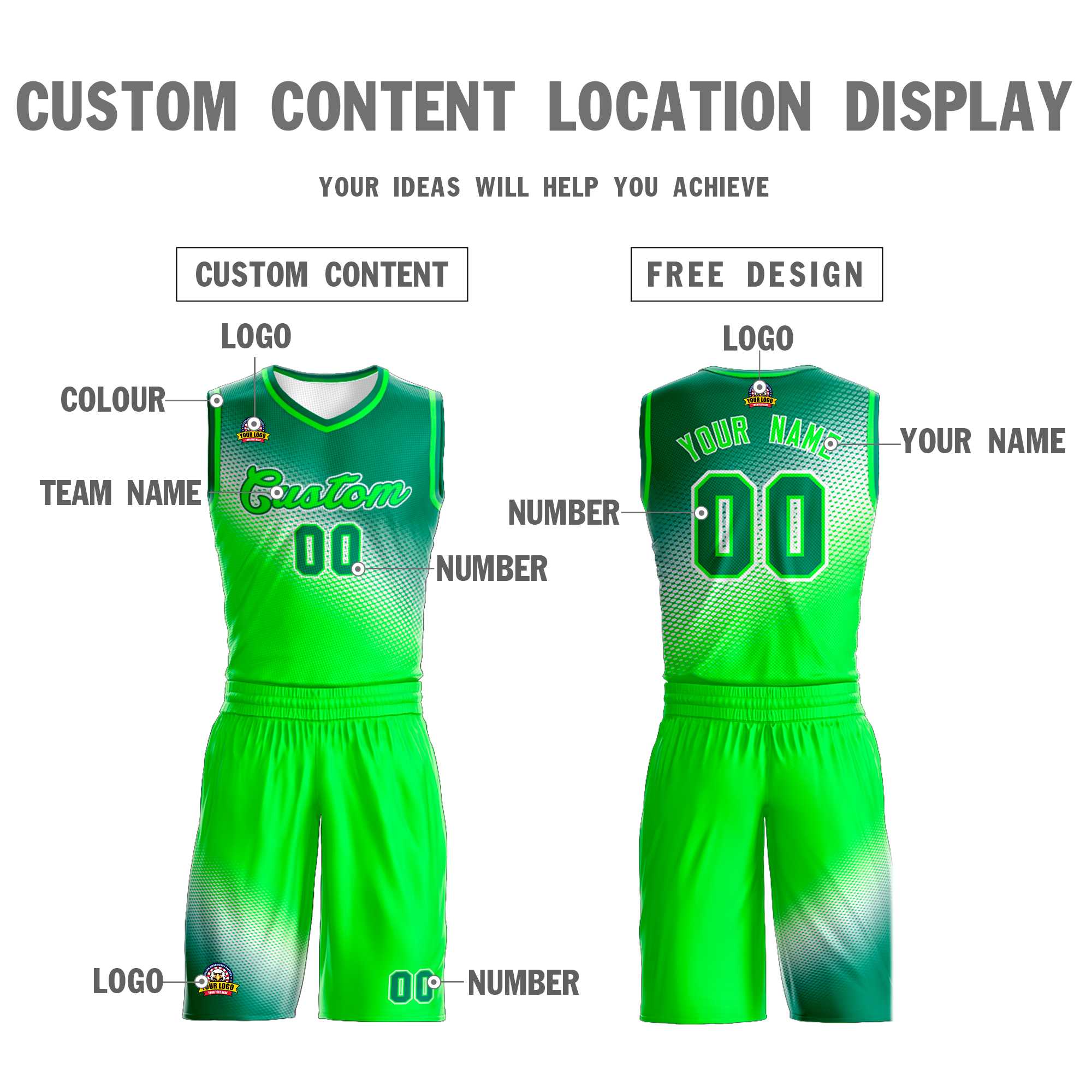 Maillot de basket-ball personnalisé, uniforme de sport, dégradé vert néon vert Kelly, à la mode