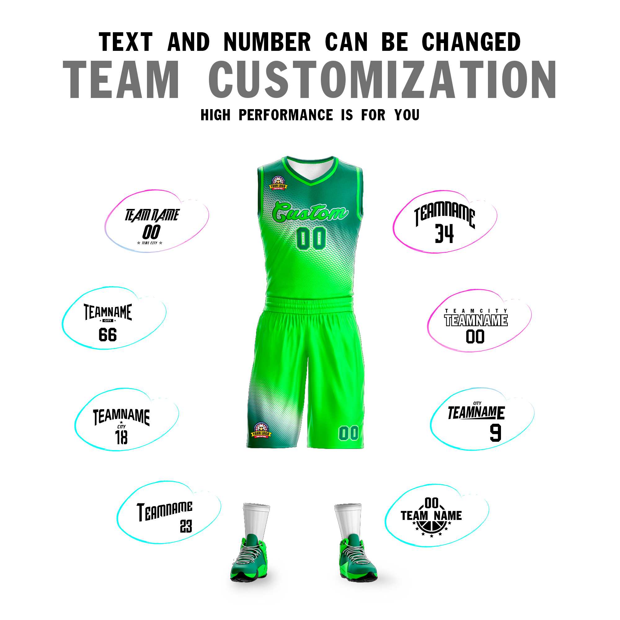 Maillot de basket-ball personnalisé, uniforme de sport, dégradé vert néon vert Kelly, à la mode