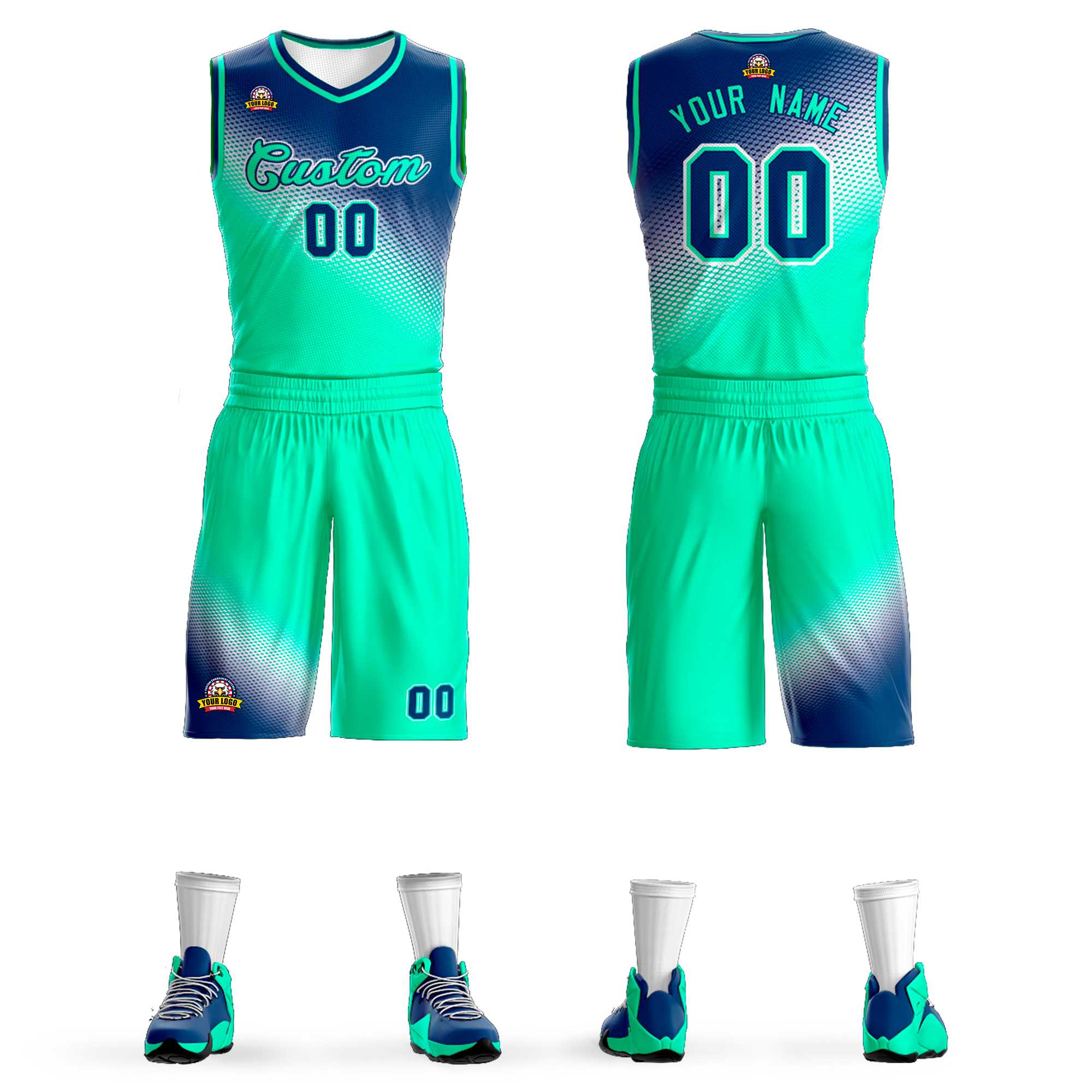 Maillot de basket-ball uniforme de sport de mode dégradé vert néon marine personnalisé