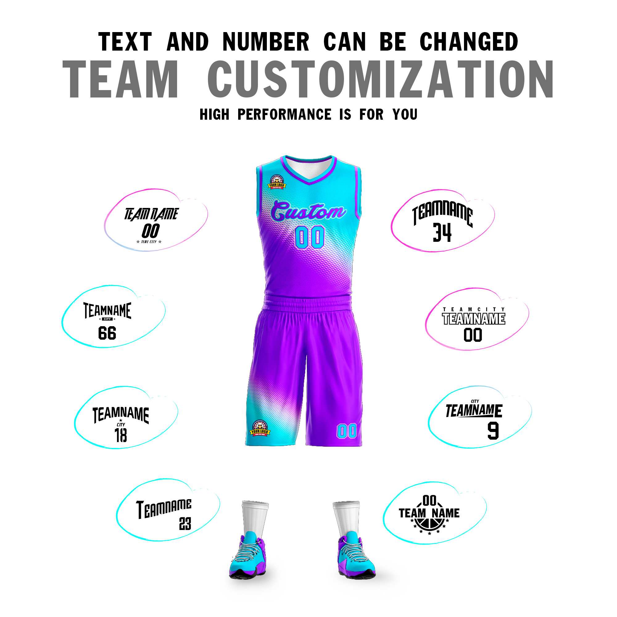 Custom Sky Blue Purple Gradient Fashion Sports Uniform Basketball Jersey