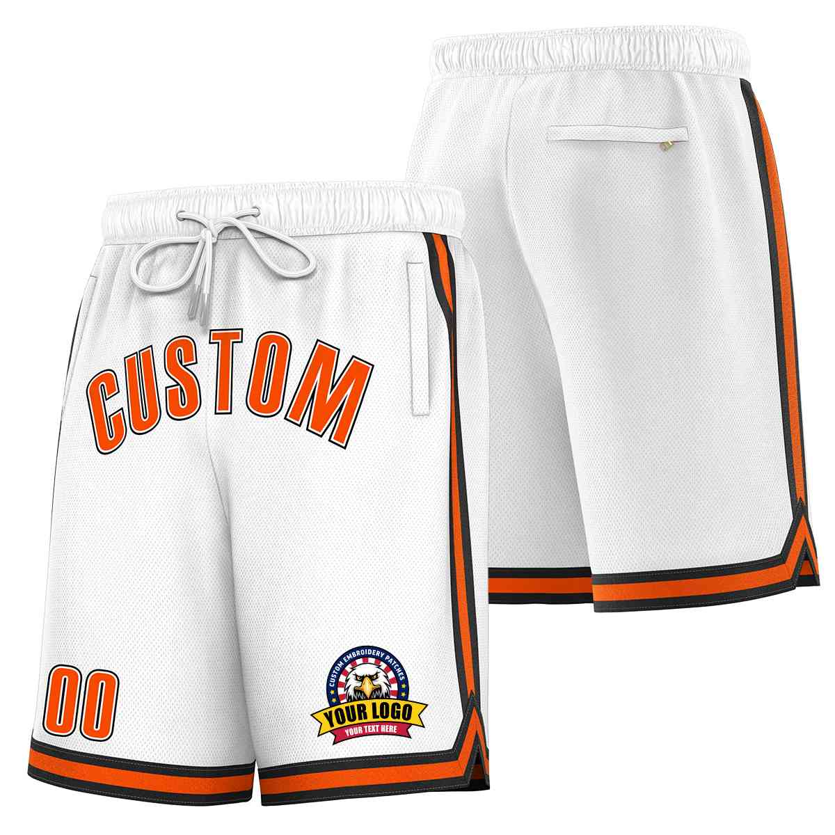 Short en maille de basket-ball de style classique blanc orange-noir personnalisé