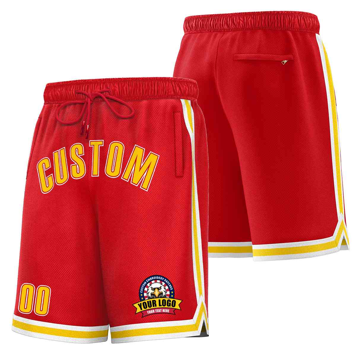 Short en maille de basket-ball de style classique rouge or-blanc personnalisé