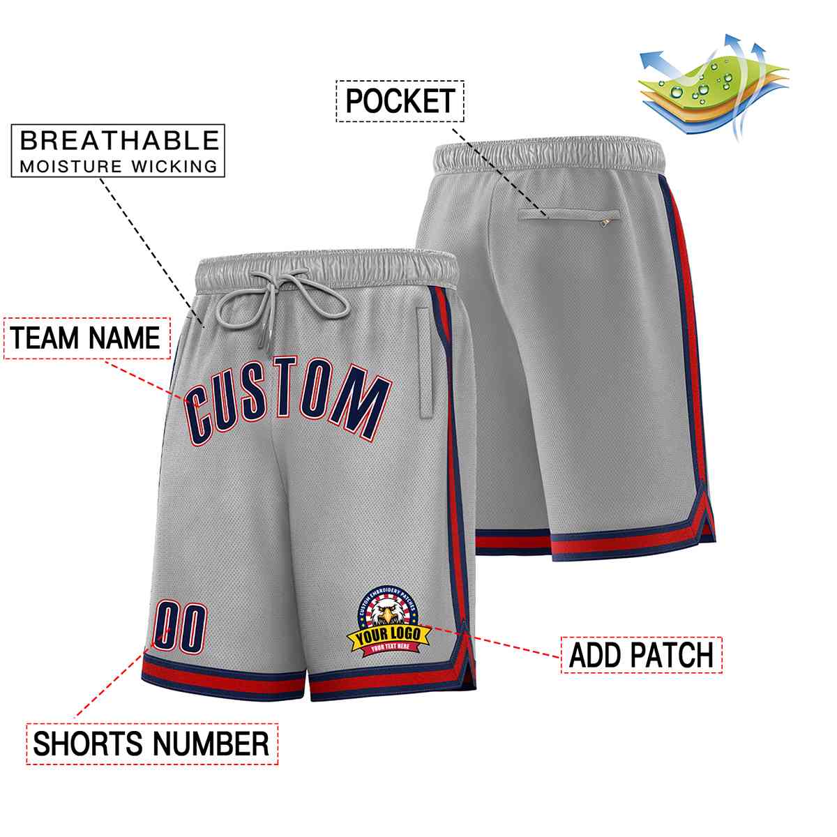 Custom Gray Navy-Red Classic Style Basketball Mesh Shorts