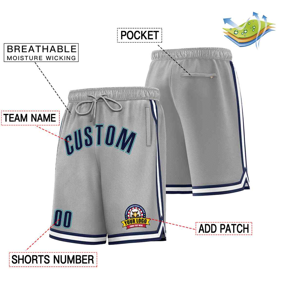 Custom Gray Navy-Teal Classic Style Basketball Mesh Shorts