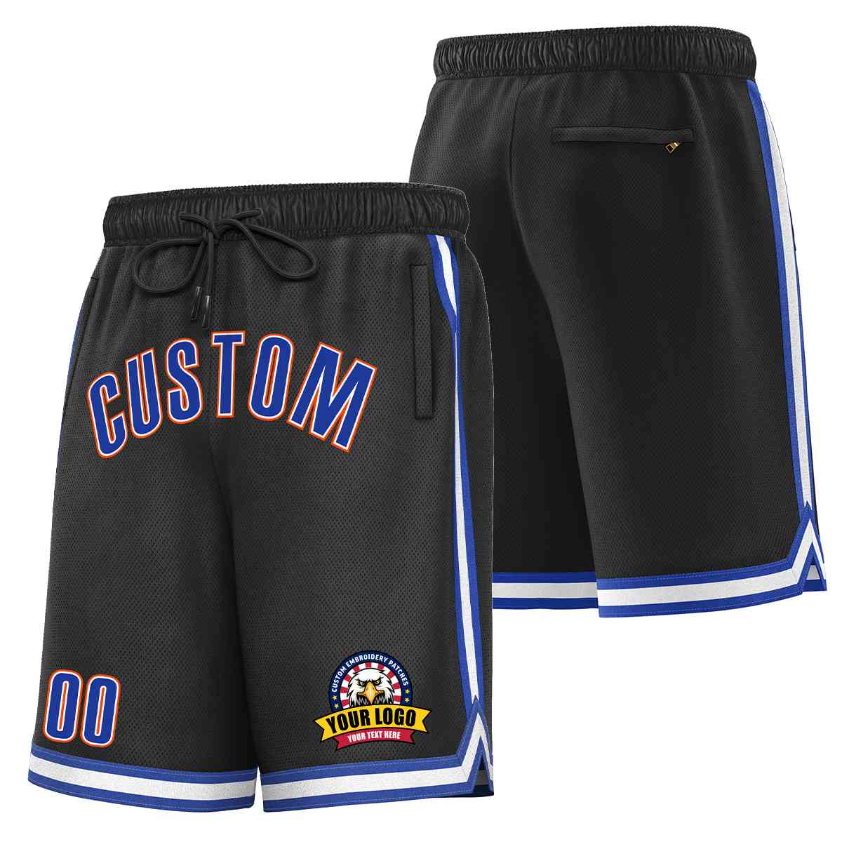 Short en maille de basket-ball de style classique noir royal-orange personnalisé