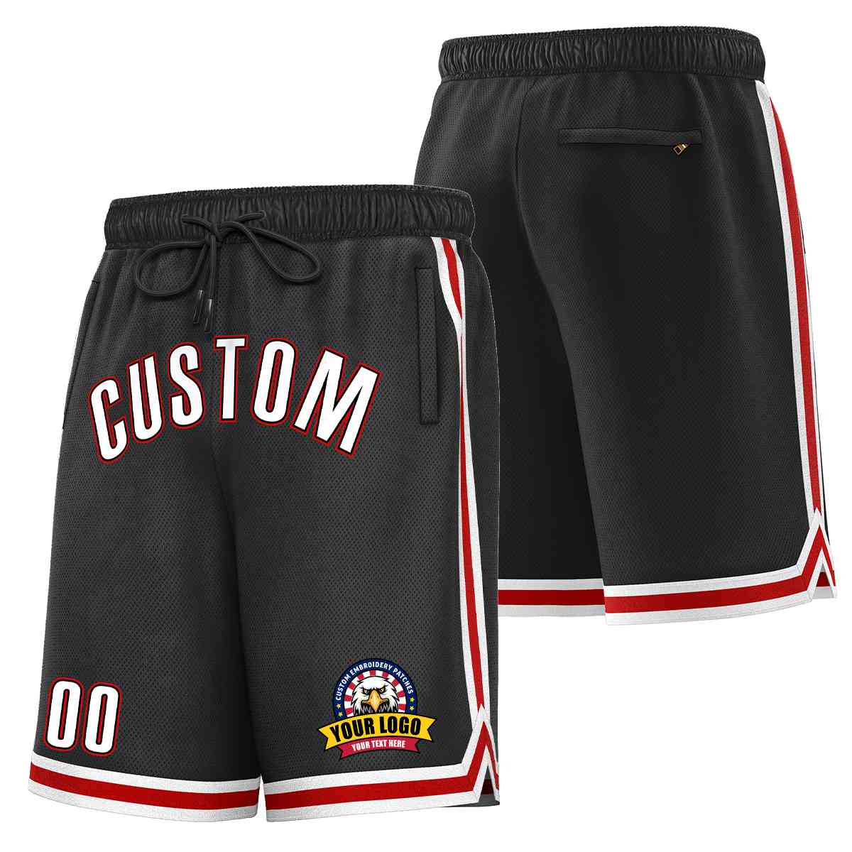 Short en maille de basket-ball de style classique noir blanc-rouge personnalisé