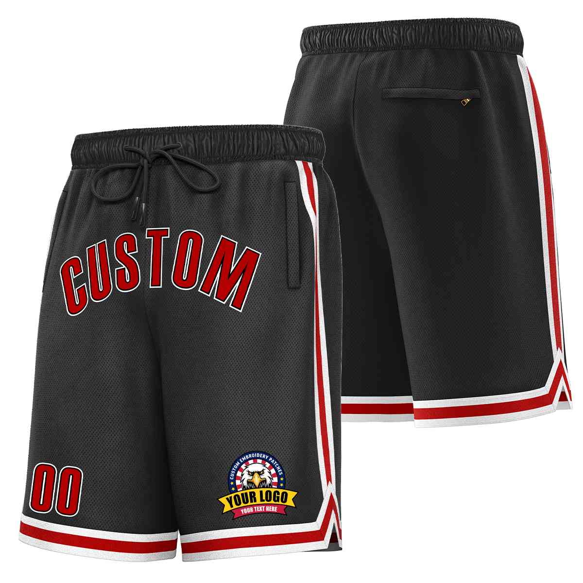 Short en maille de basket-ball de style classique noir rouge-blanc personnalisé