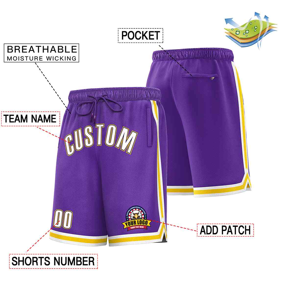 Short en maille de basket-ball de style classique violet blanc-or personnalisé