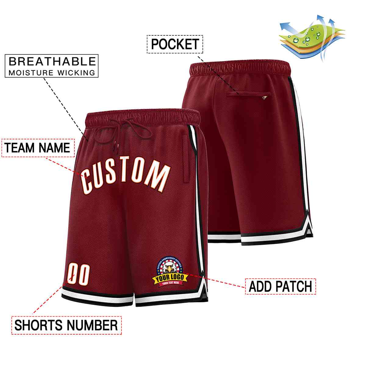 Custom Maroon White-Black Classic Style Basketball Mesh Shorts