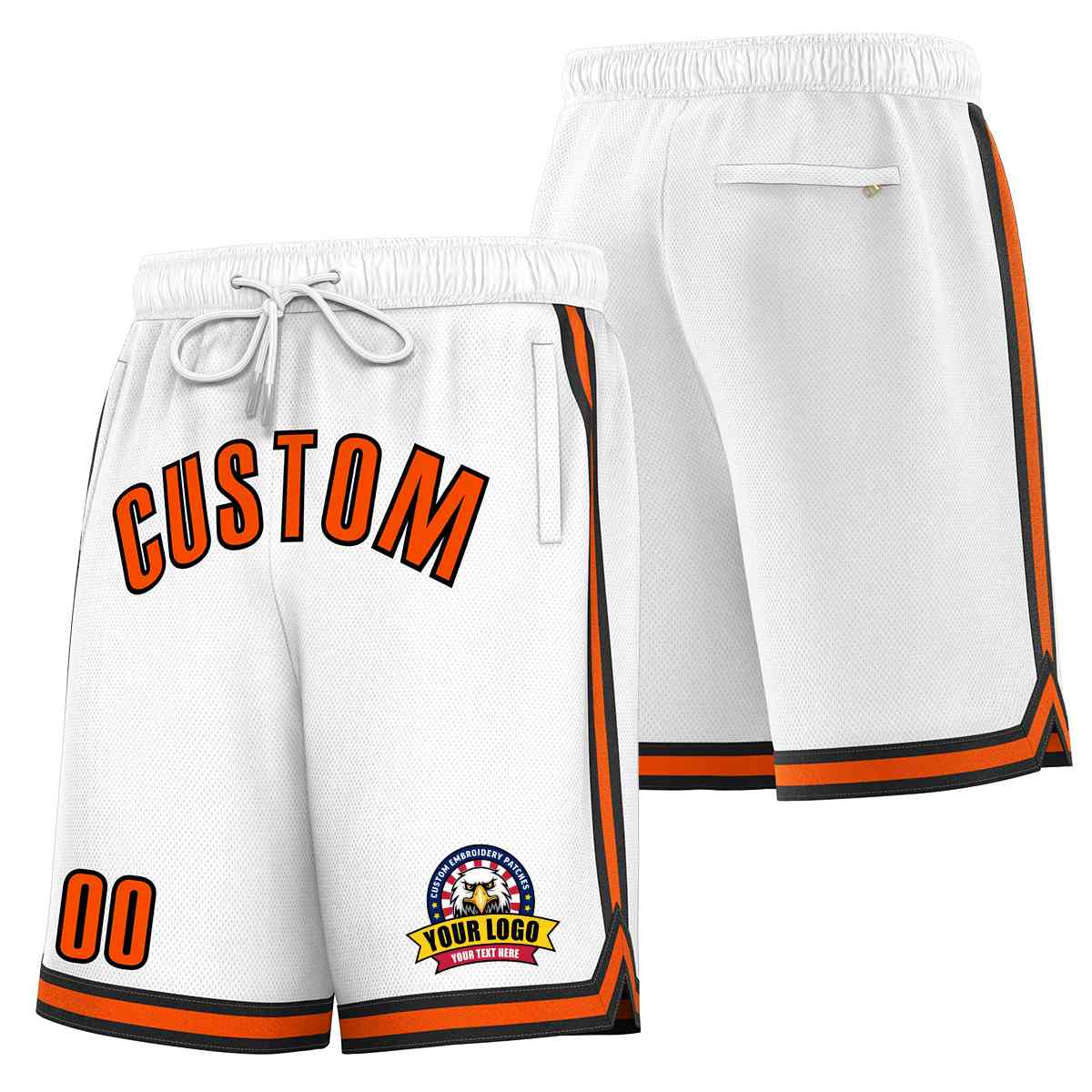 Short en maille de basket-ball de style classique blanc orange-noir personnalisé