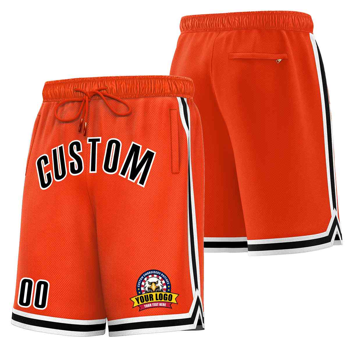 Short en maille de basket-ball de style classique orange noir-blanc personnalisé