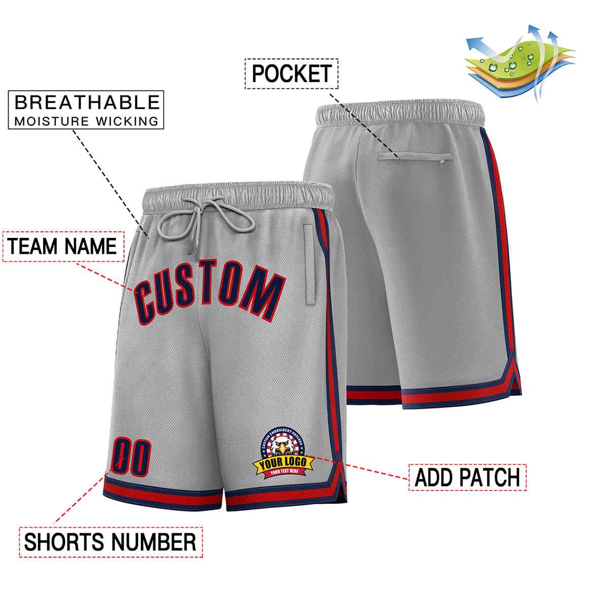 Custom Gray Navy-Red Classic Style Basketball Mesh Shorts