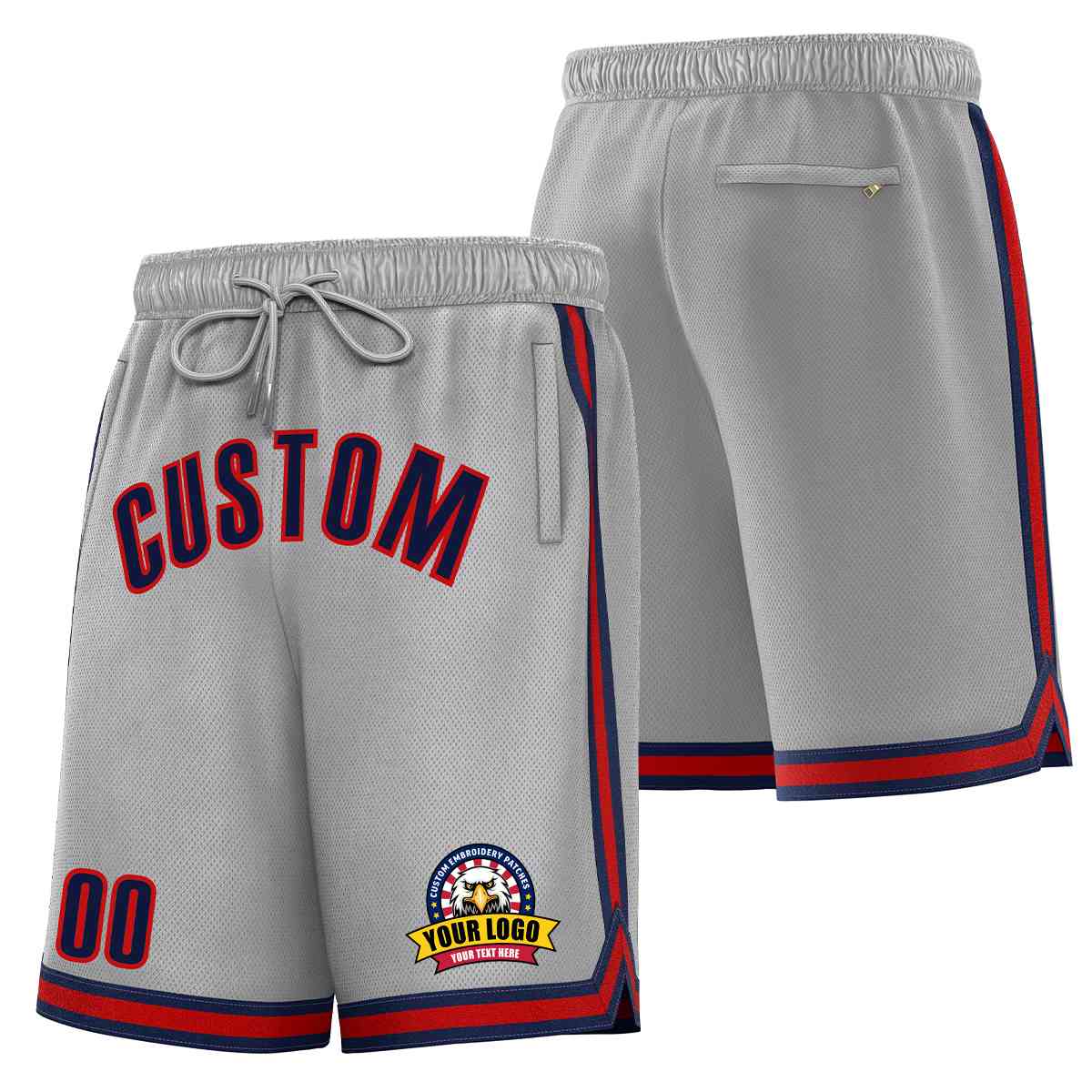 Short en maille de basket-ball de style classique gris marine-rouge personnalisé