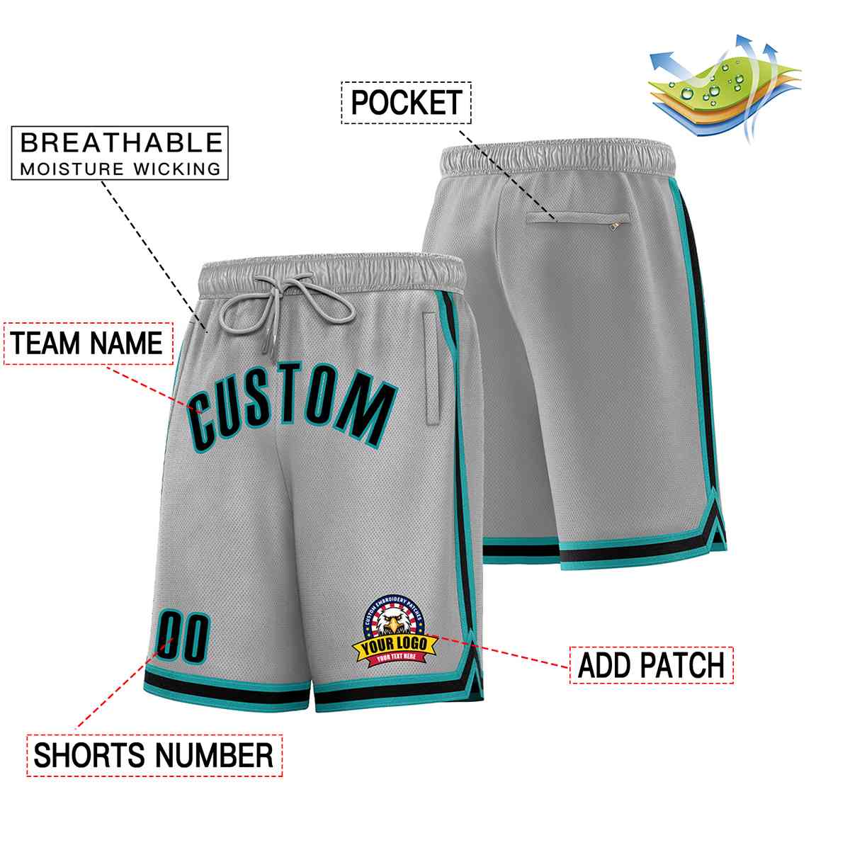 Custom Gray Black-Teal Classic Style Basketball Mesh Shorts