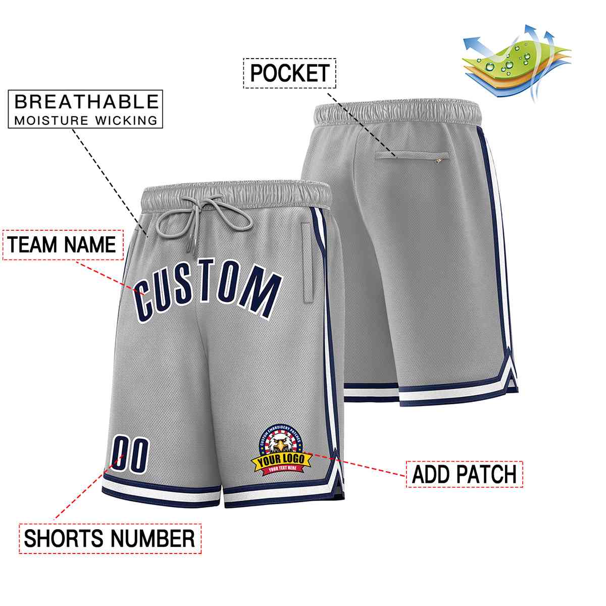 Custom Gray Navy-White Classic Style Basketball Mesh Shorts