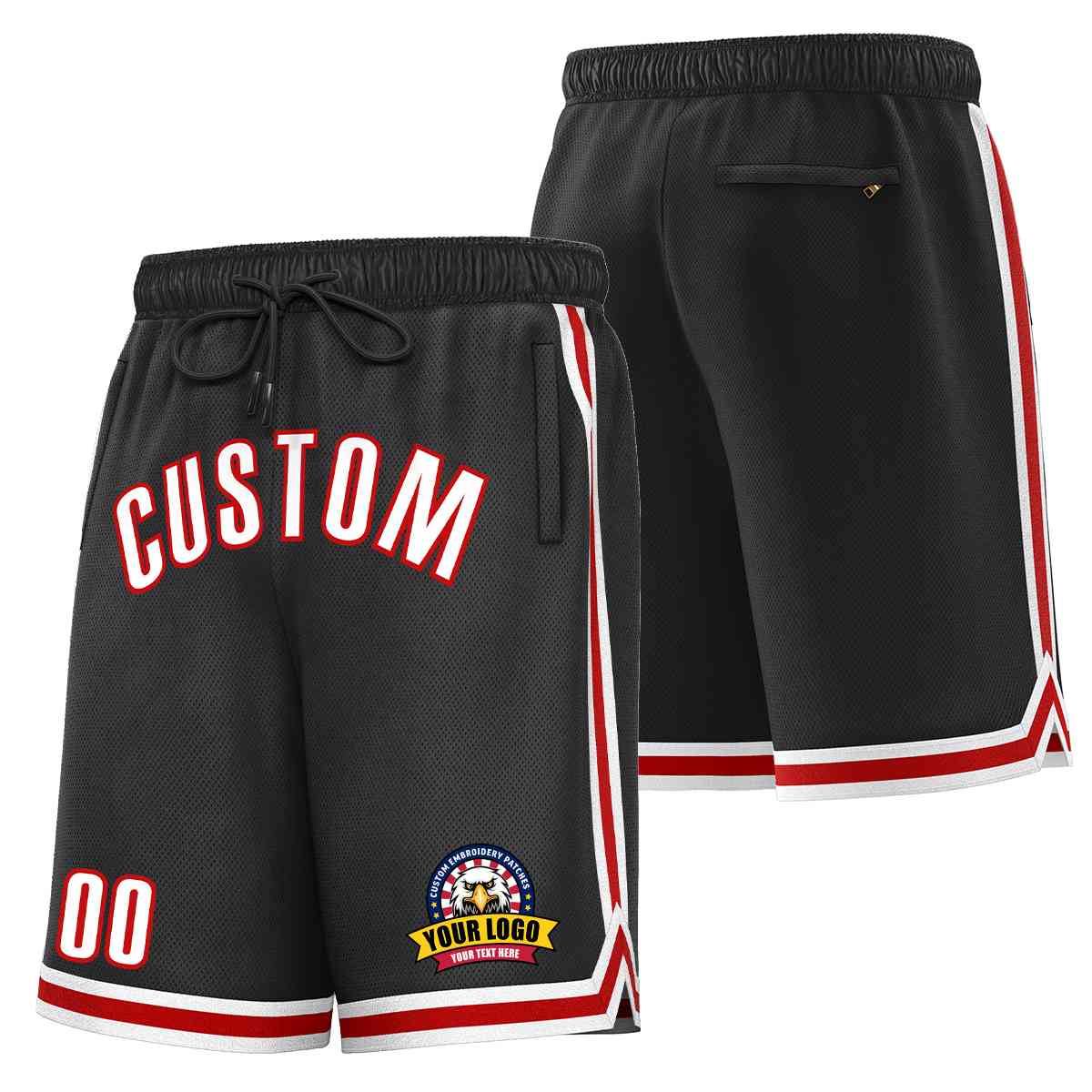 Short en maille de basket-ball de style classique noir blanc-rouge personnalisé