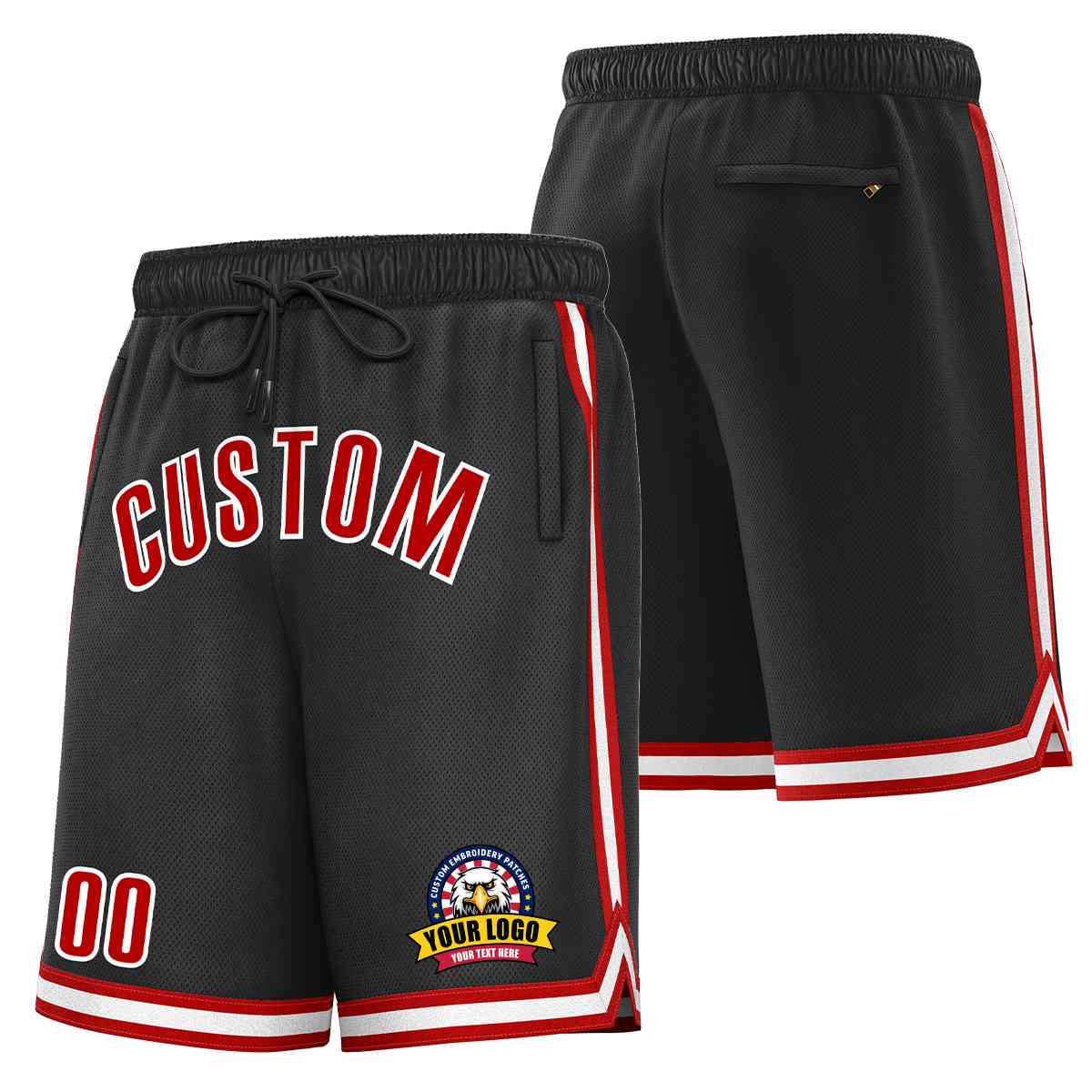 Short en maille de basket-ball de style classique noir rouge-blanc personnalisé