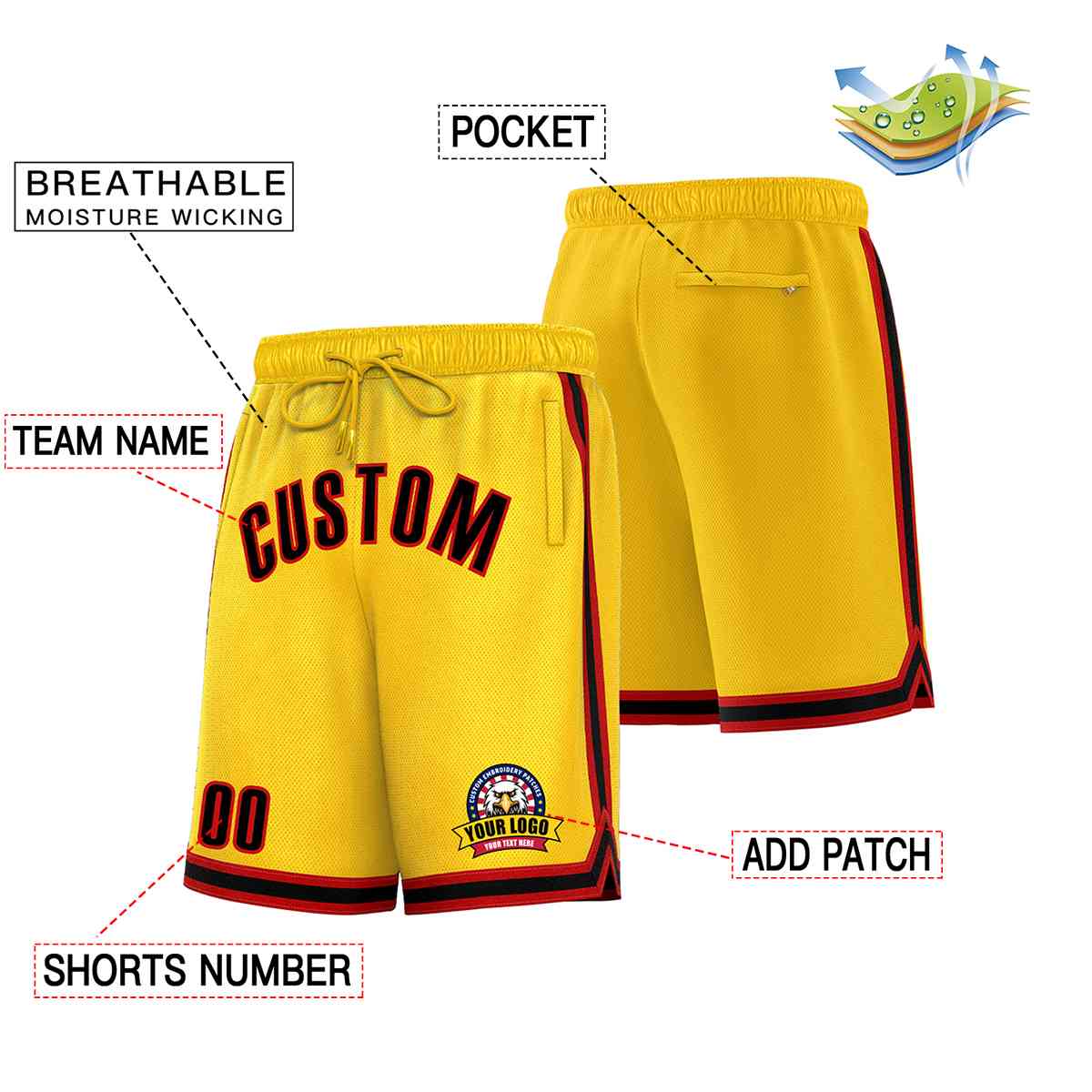 Custom Gold Black-Red Classic Style Basketball Mesh Shorts