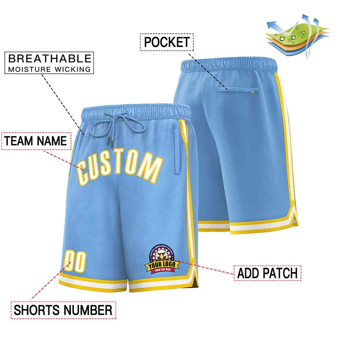 Custom Light Blue White-Gold Classic Style Basketball Mesh Shorts