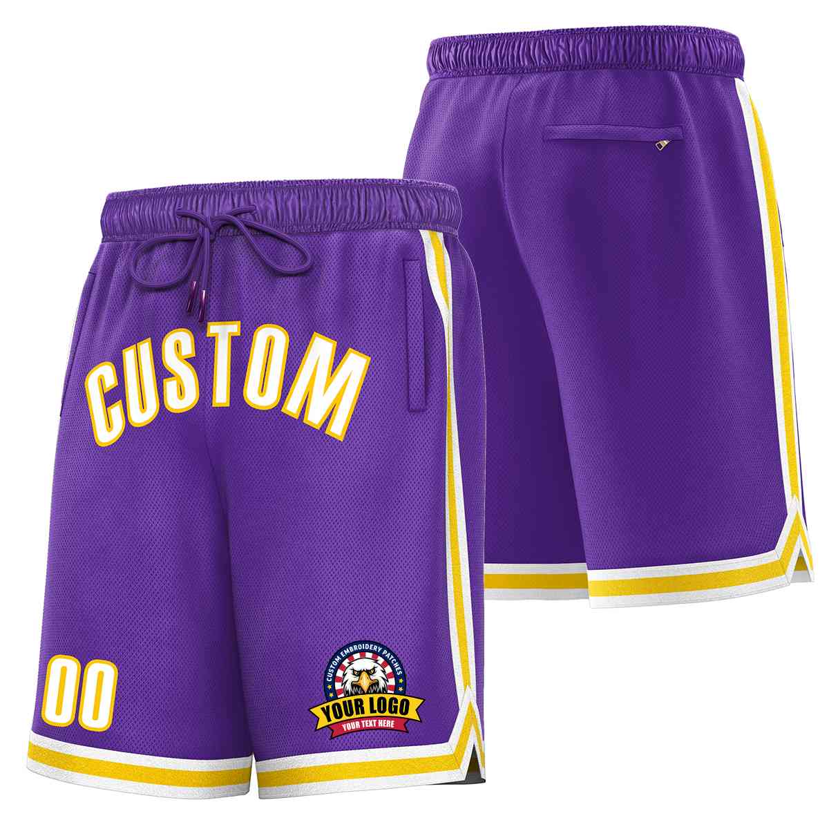 Short en maille de basket-ball de style classique violet blanc-or personnalisé