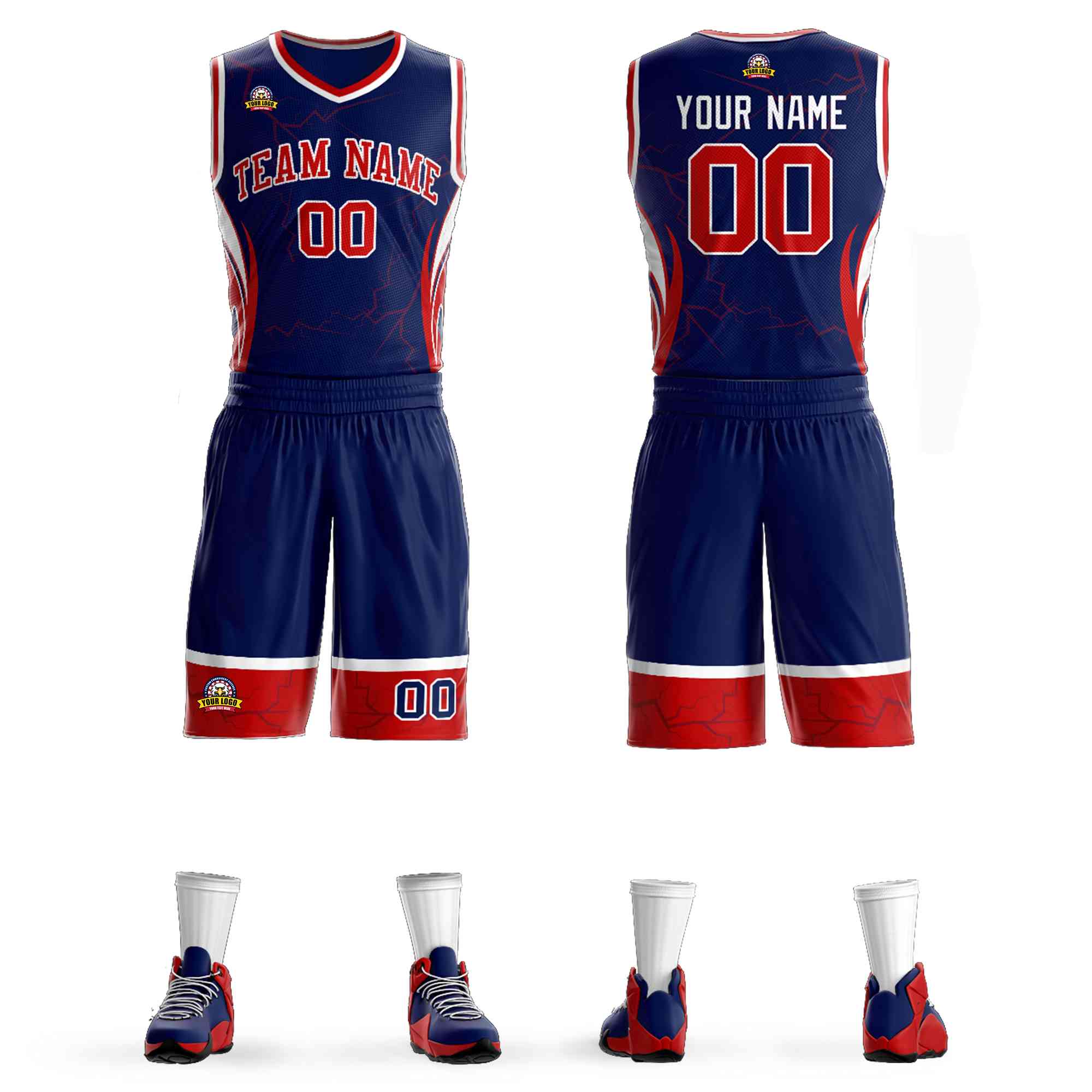 Custom Navy Red-White Graffiti Pattern Sets Lightning Basketball Jersey