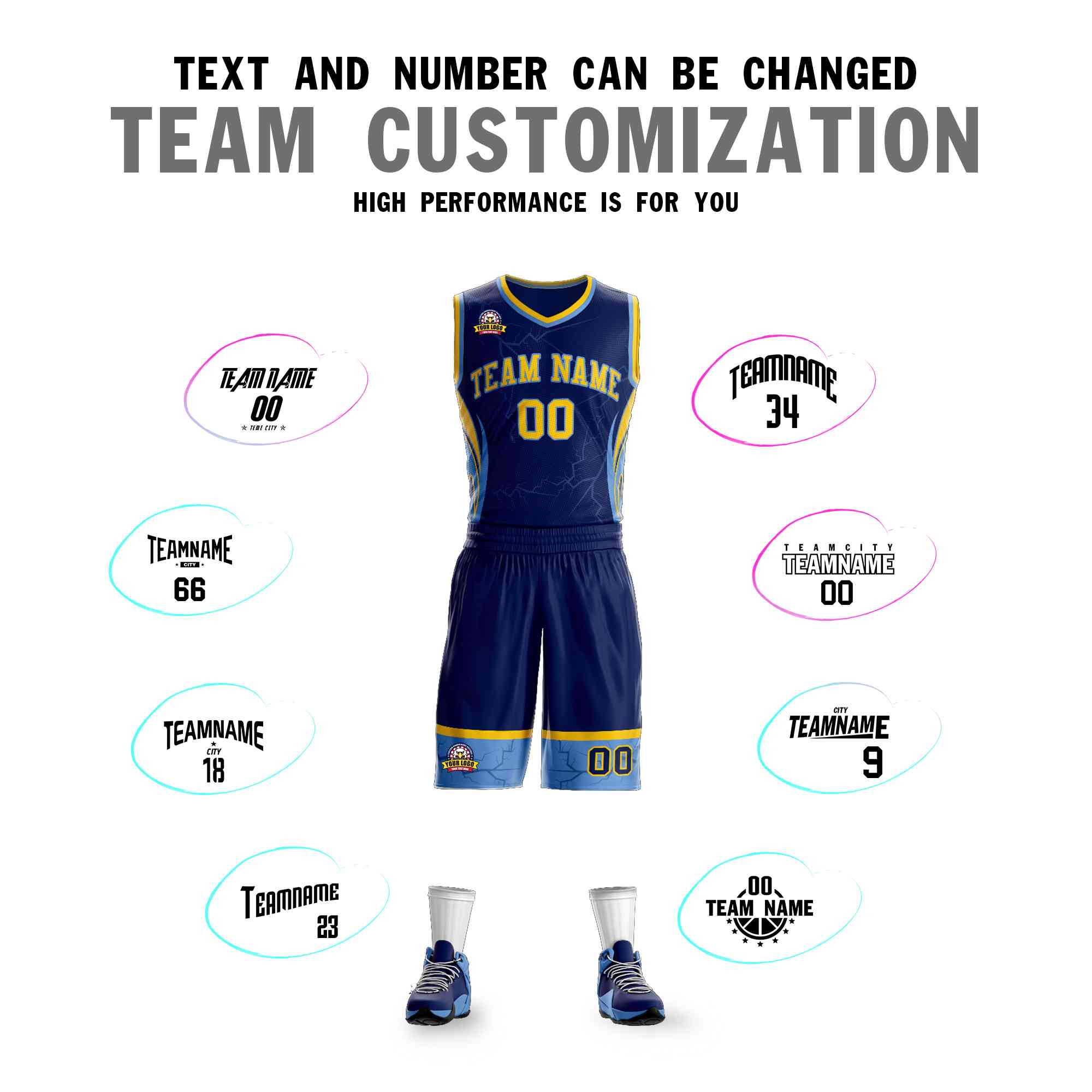 Custom Navy Gold-Light Blue Graffiti Pattern Sets Lightning Basketball Jersey