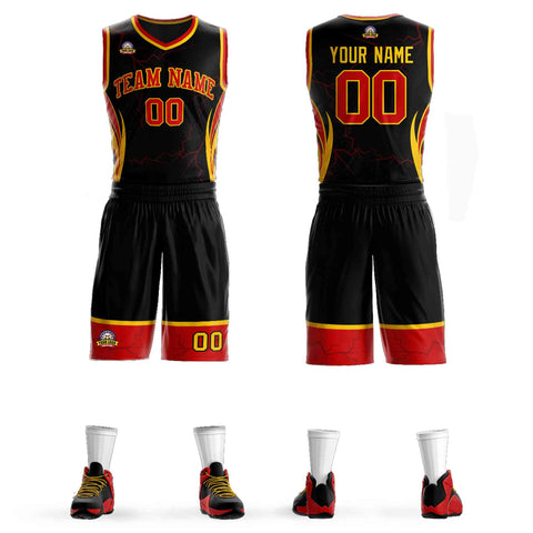 Custom Black Red-Gold Graffiti Pattern Sets Lightning Basketball Jersey