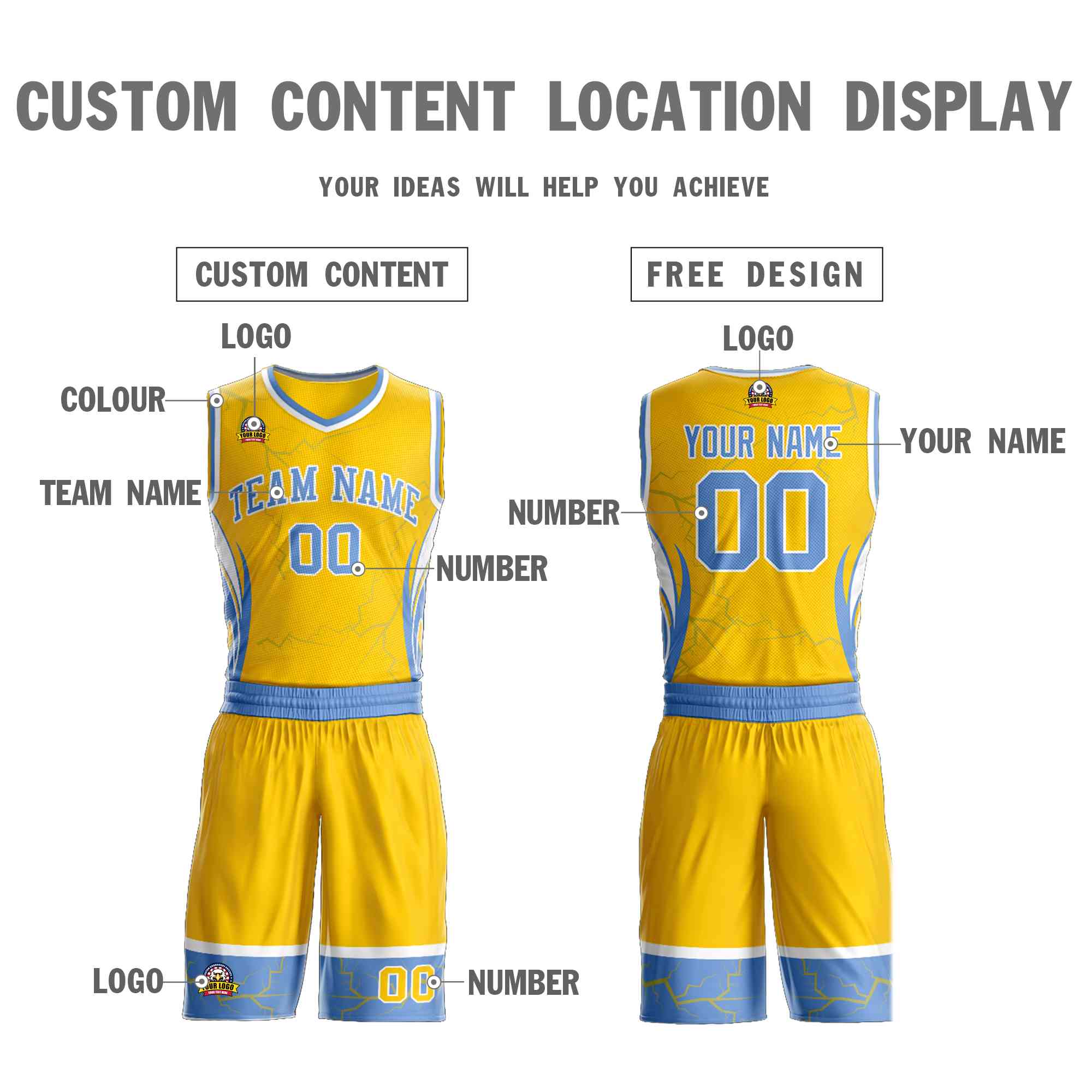 Custom Gold Light Blue-White Graffiti Pattern Sets Lightning Basketball Jersey