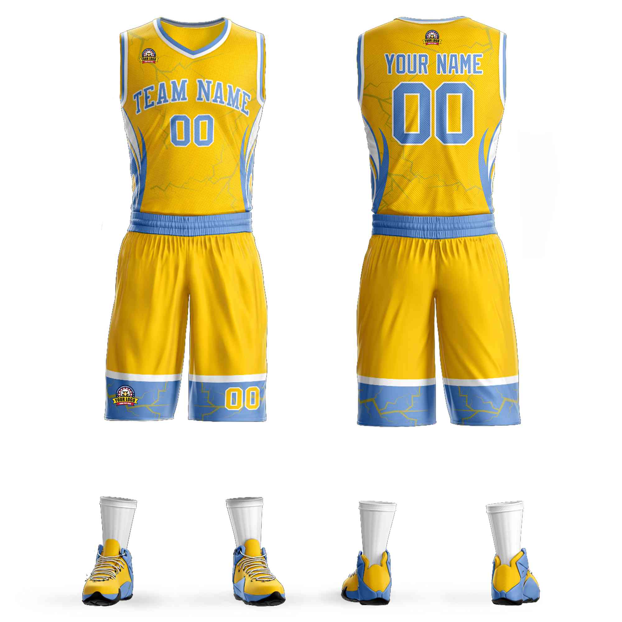 Custom Gold Light Blue-White Graffiti Pattern Sets Lightning Basketball Jersey