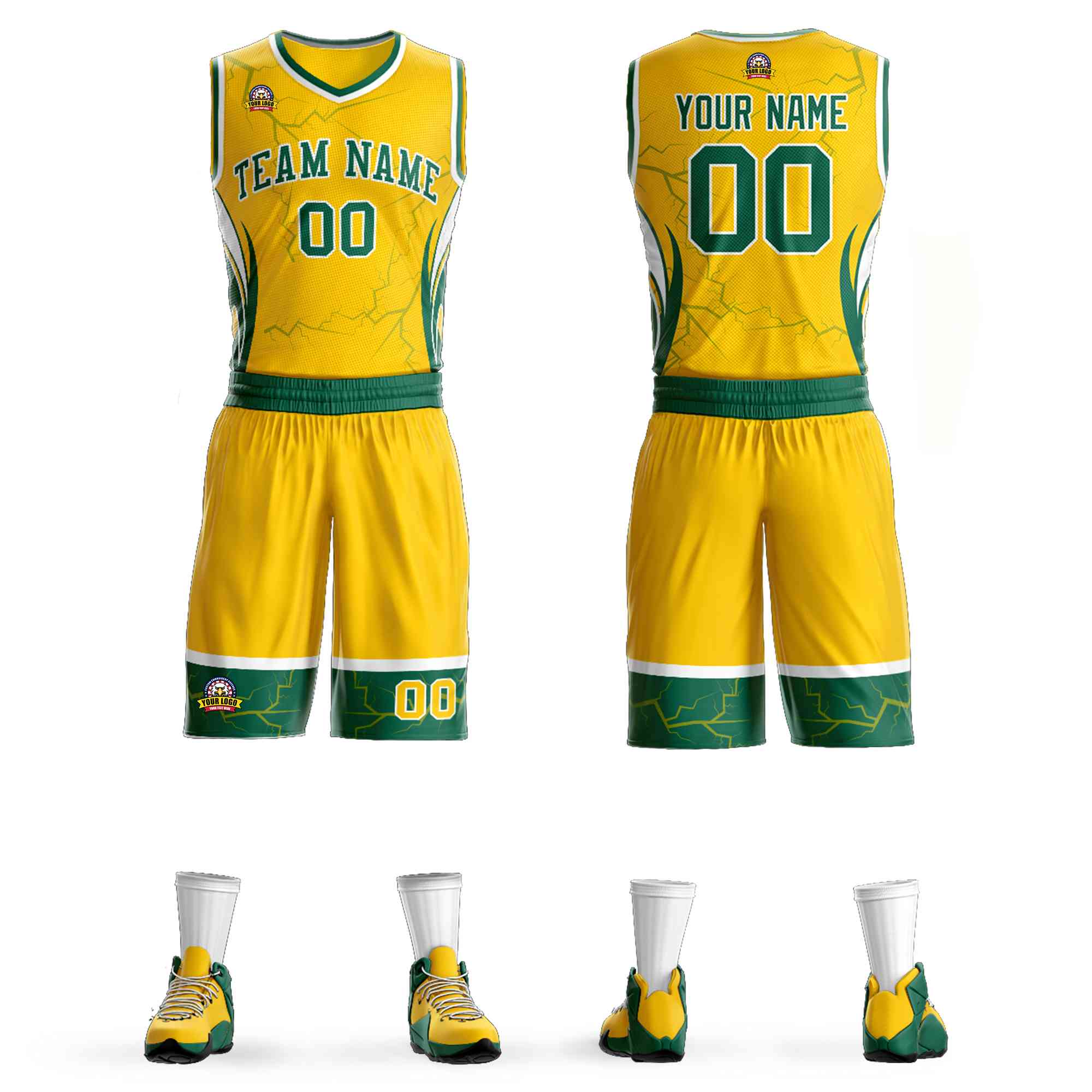 Custom Gold Kelly Green-White Graffiti Pattern Sets Lightning Basketball Jersey