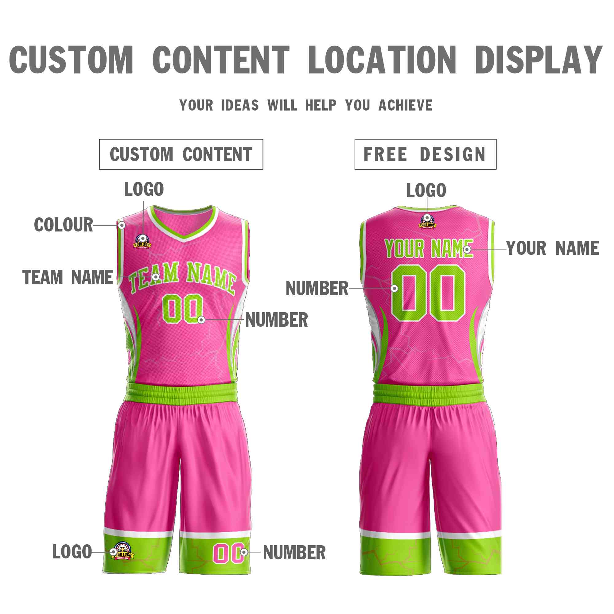 Maillot de basket-ball Lightning personnalisé à motifs de graffitis rose néon vert-blanc