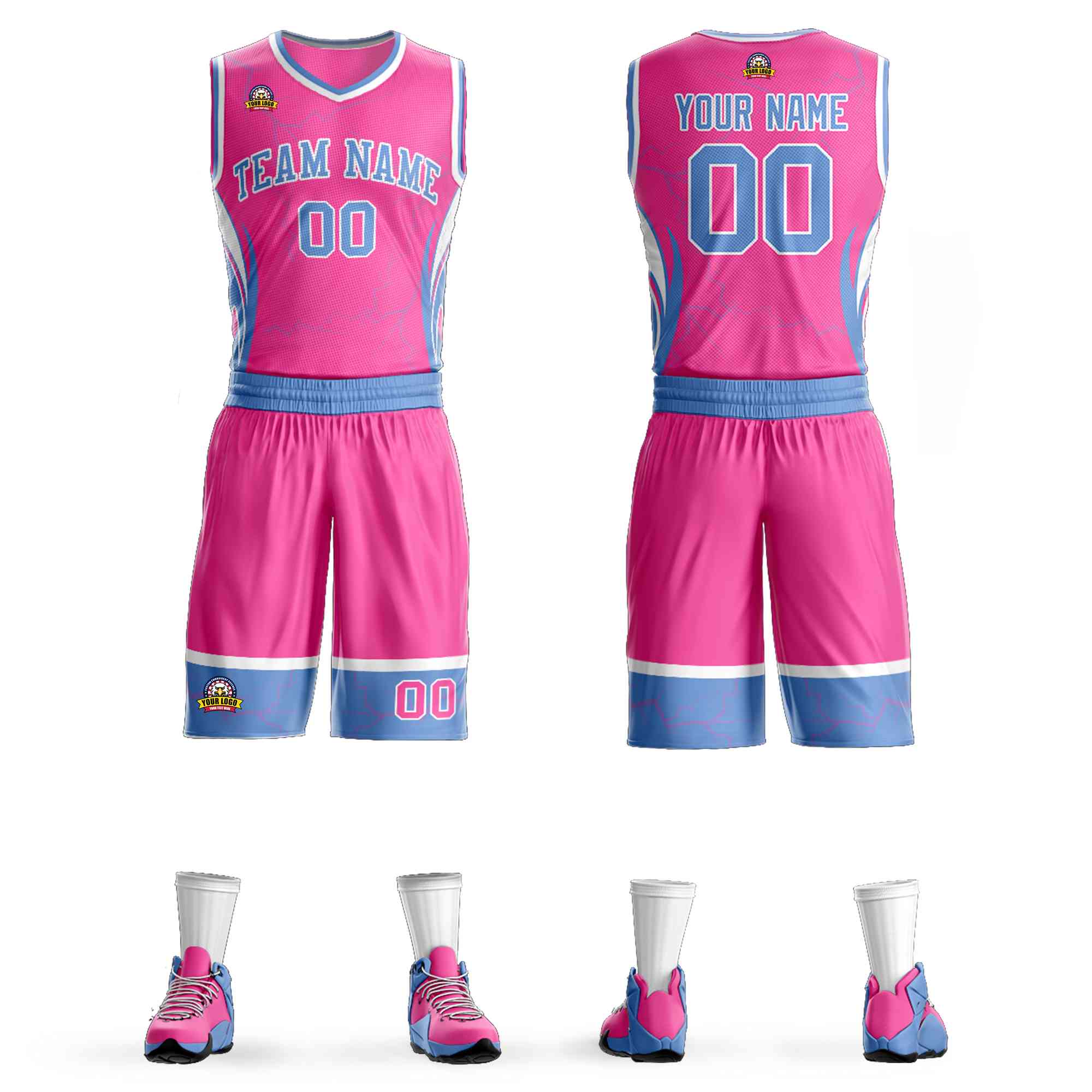 Custom Pink Powder Blue-White Graffiti Pattern Sets Lightning Basketball Jersey