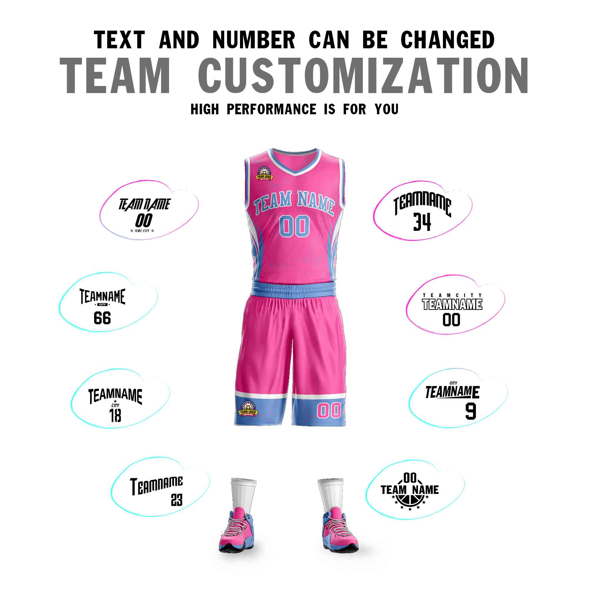 Custom Pink Powder Blue-White Graffiti Pattern Sets Lightning Basketball Jersey